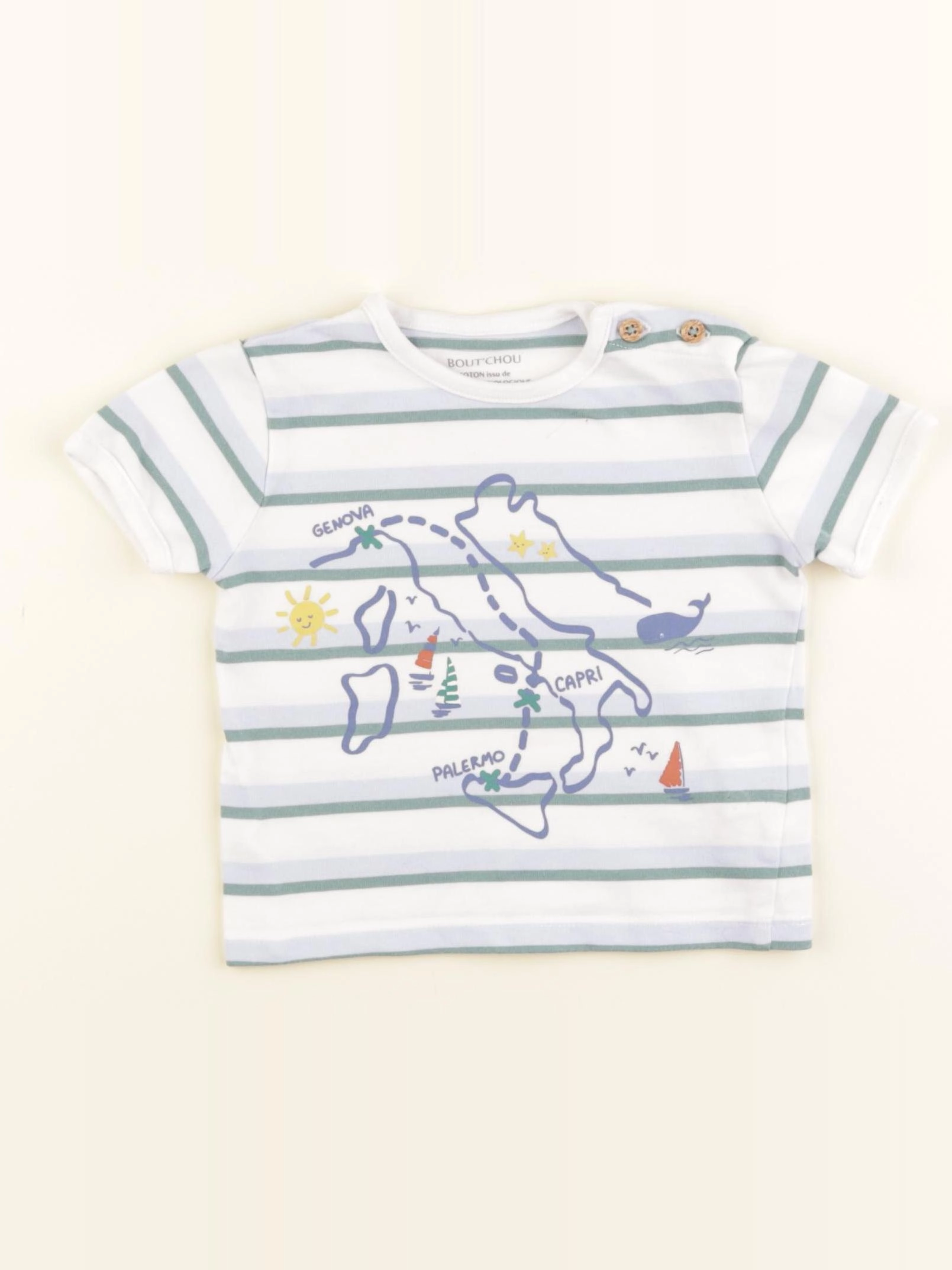 Boutchou - tee-shirt blanc, bleu, vert - 9 mois