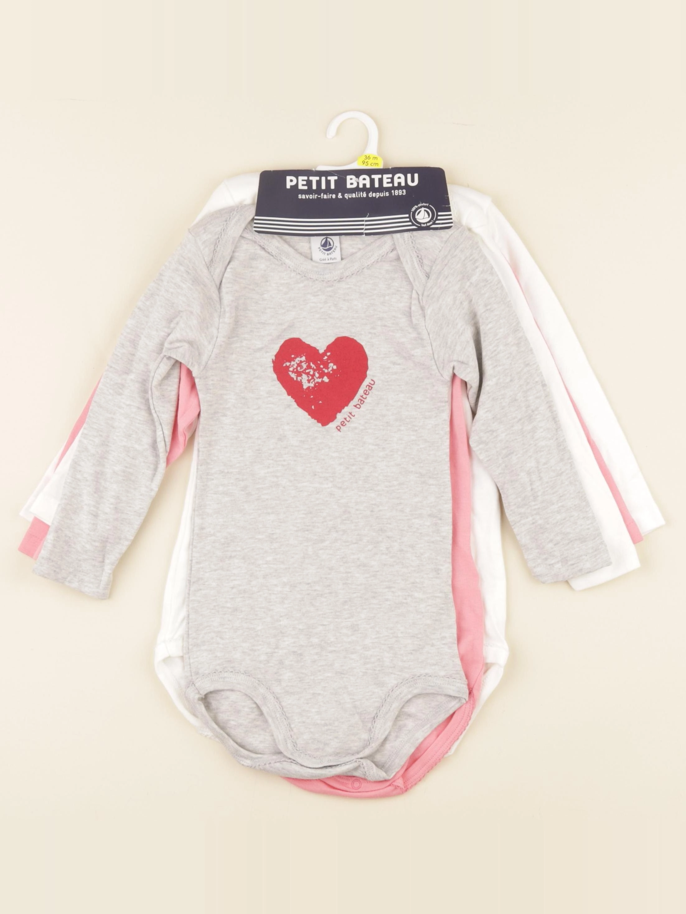 Petit Bateau - lot de 4 bodies en coton gris, blanc, rose - 36 mois