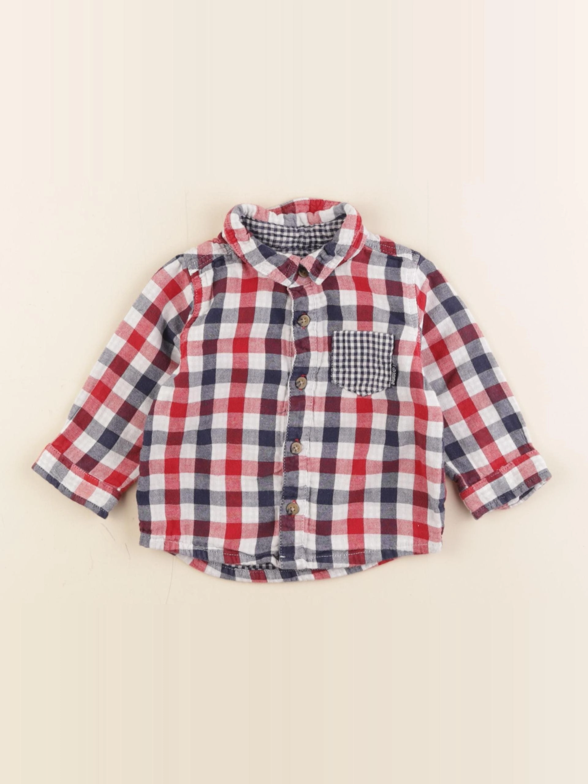 Vertbaudet - chemise blanc, bleu, rouge - 9 mois