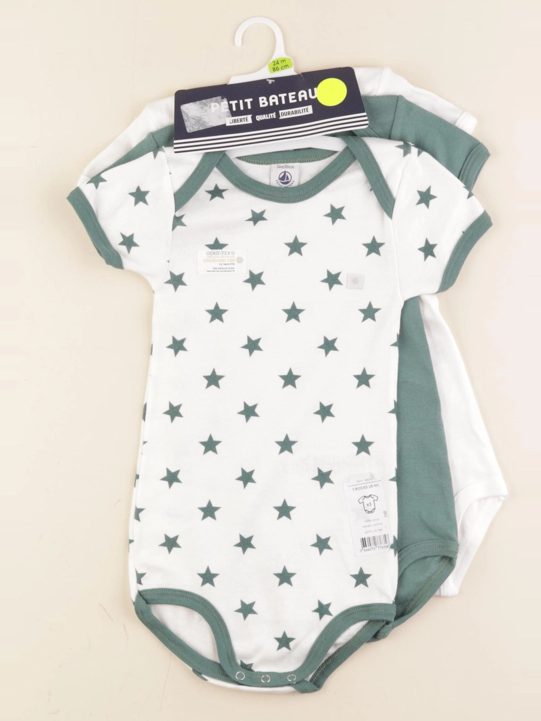 Petit Bateau - lot de 3 bodies en coton blanc, vert - 24 mois