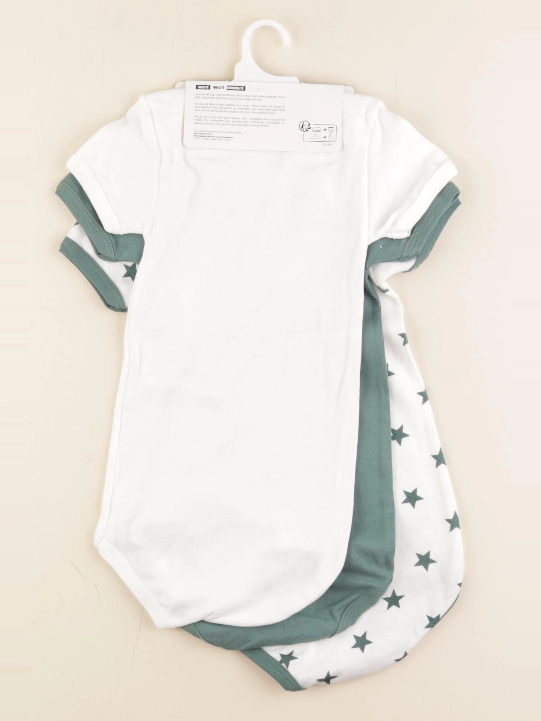 Petit Bateau - lot de 3 bodies en coton blanc, vert - 24 mois