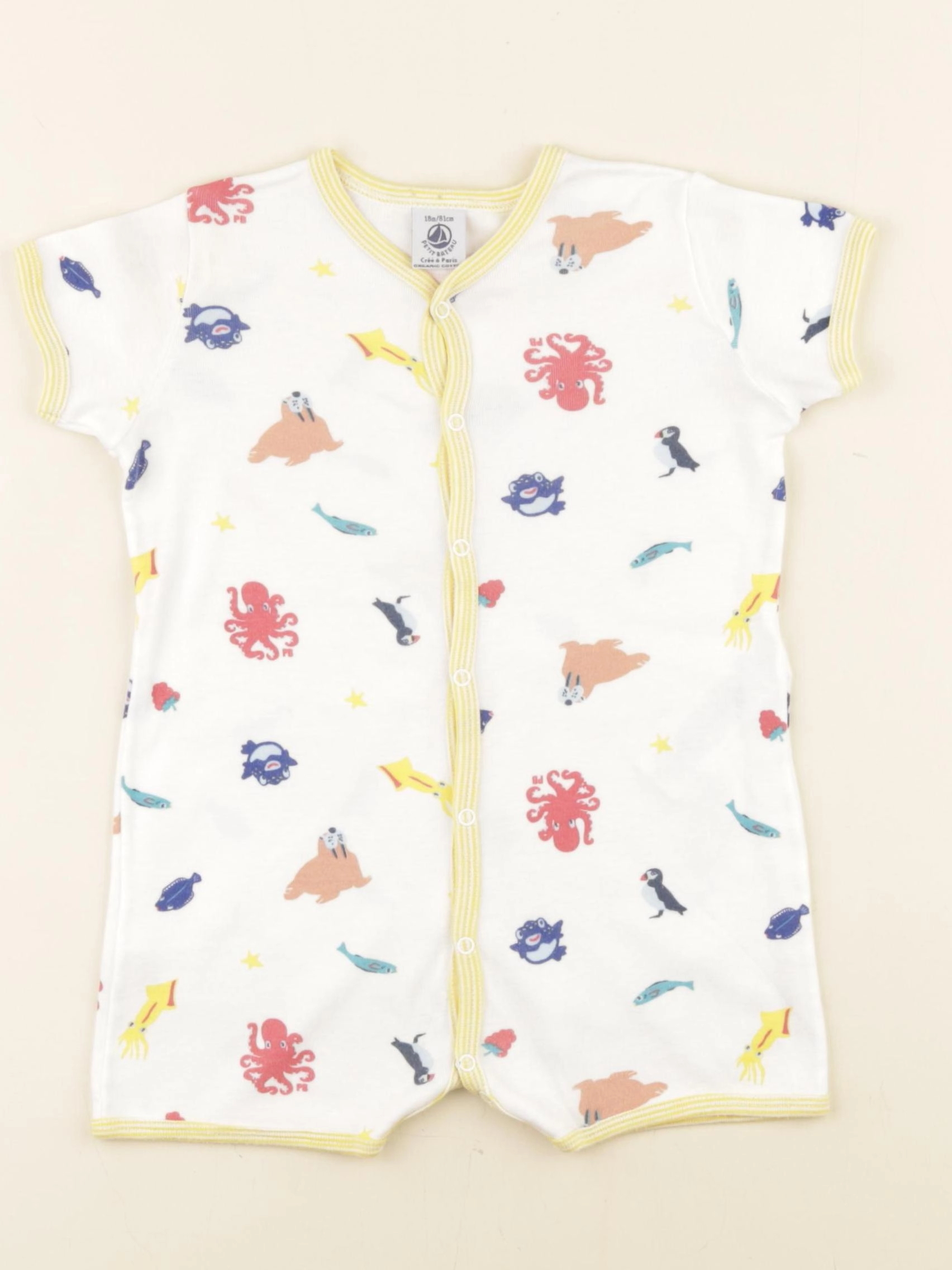 Petit Bateau - pyjama coton blanc, jaune - 18 mois