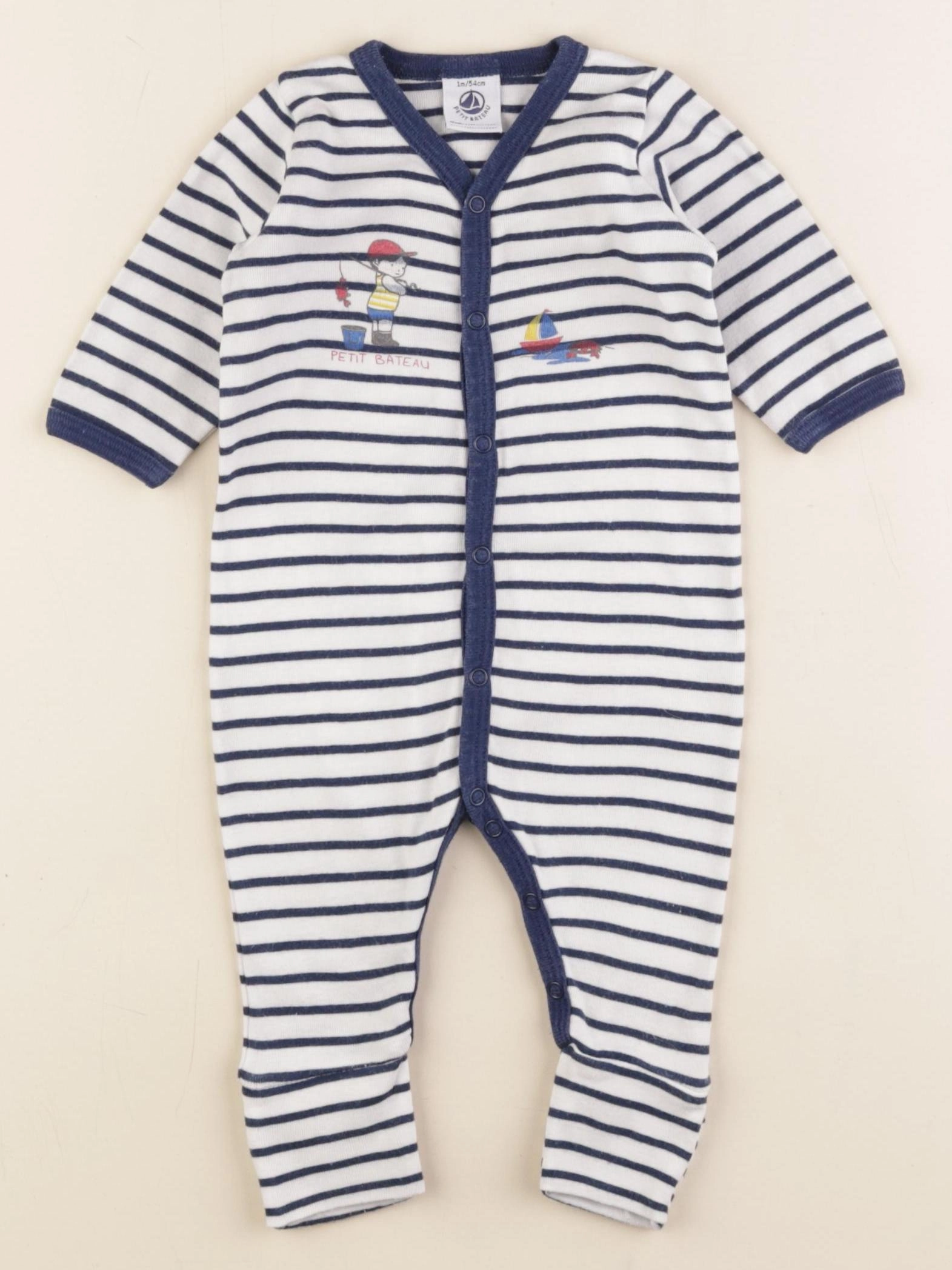 Petit Bateau - pyjama coton blanc, bleu - 1 mois