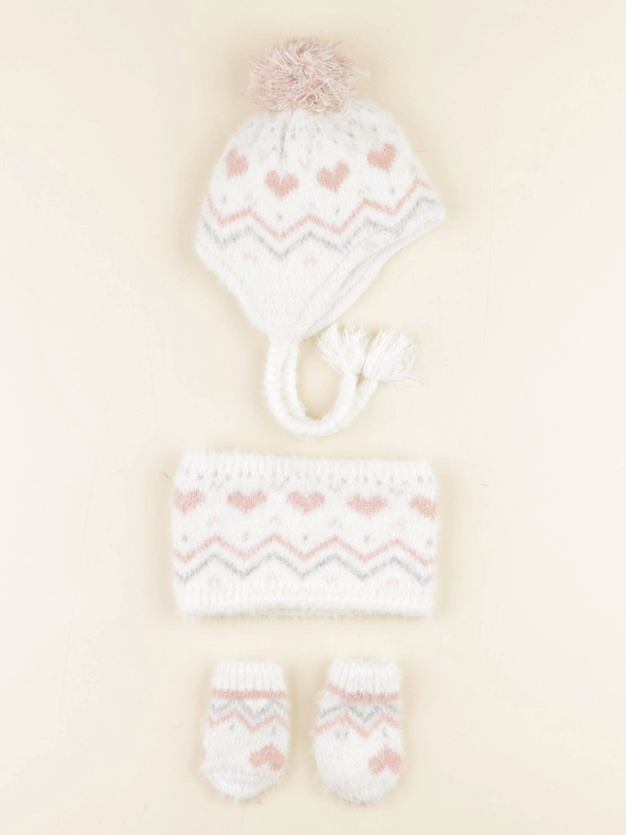 Vertbaudet - ensemble bonnet/moufles/tour de cou blanc - 3/6 mois