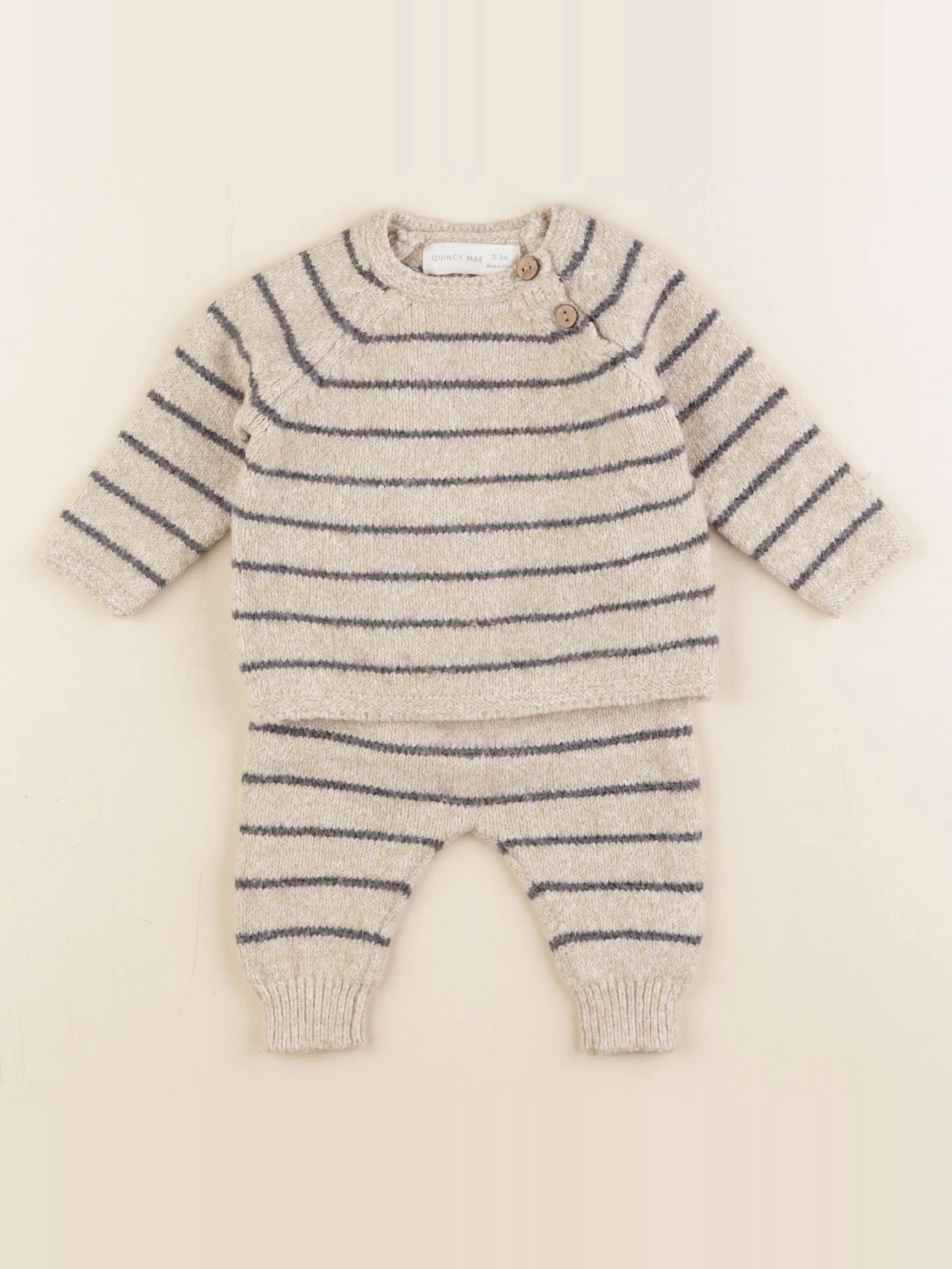 Quincy Mae - ensemble beige, bleu - 3/6 mois