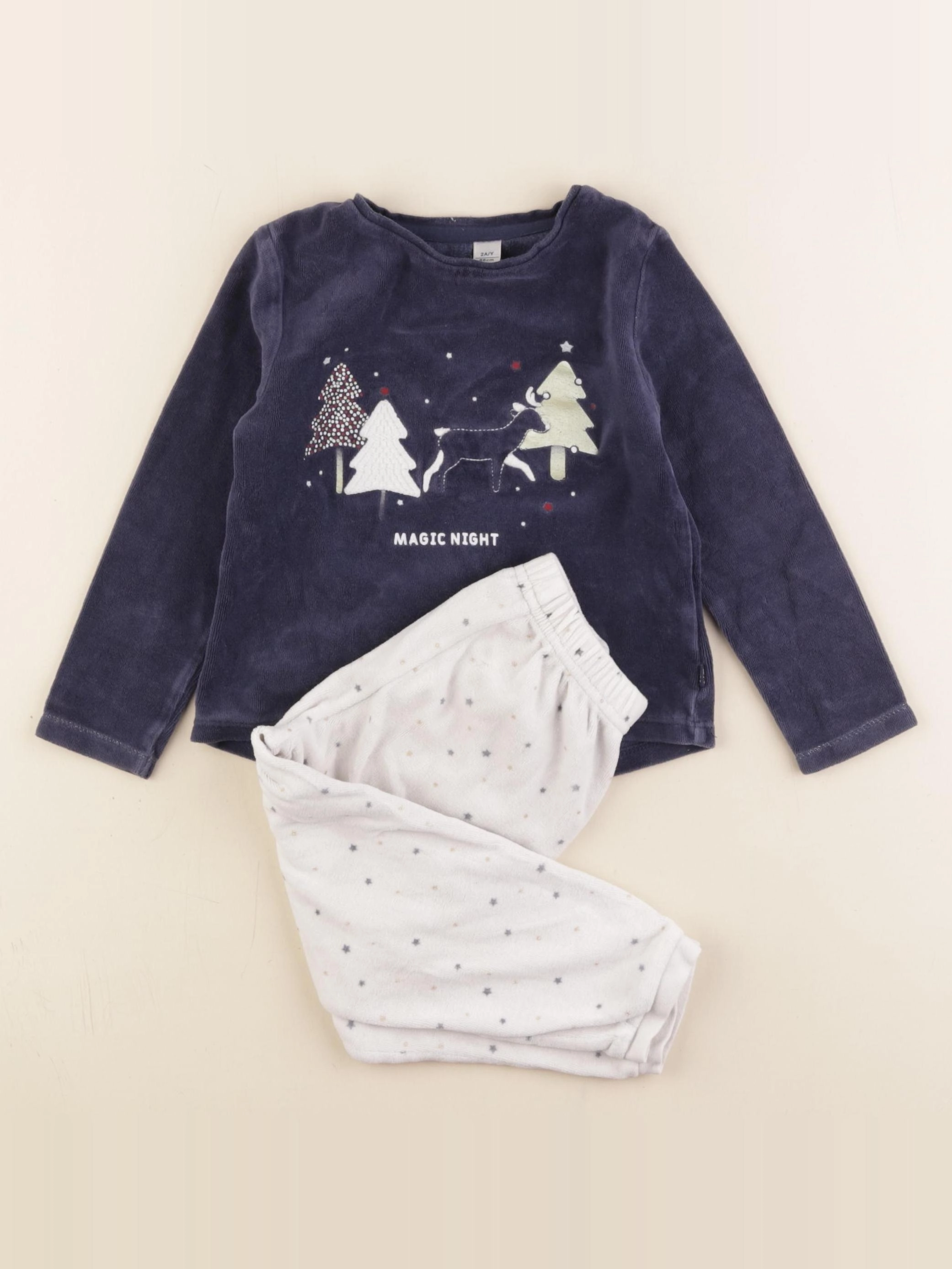Okaidi - pyjama velours bleu, blanc - 2 ans