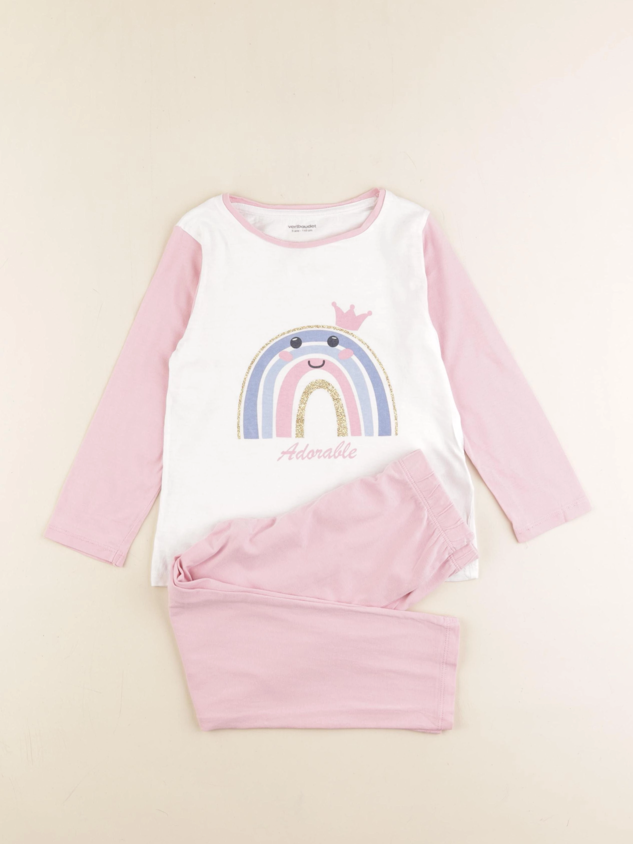 Vertbaudet - pyjama coton rose, blanc - 5 ans