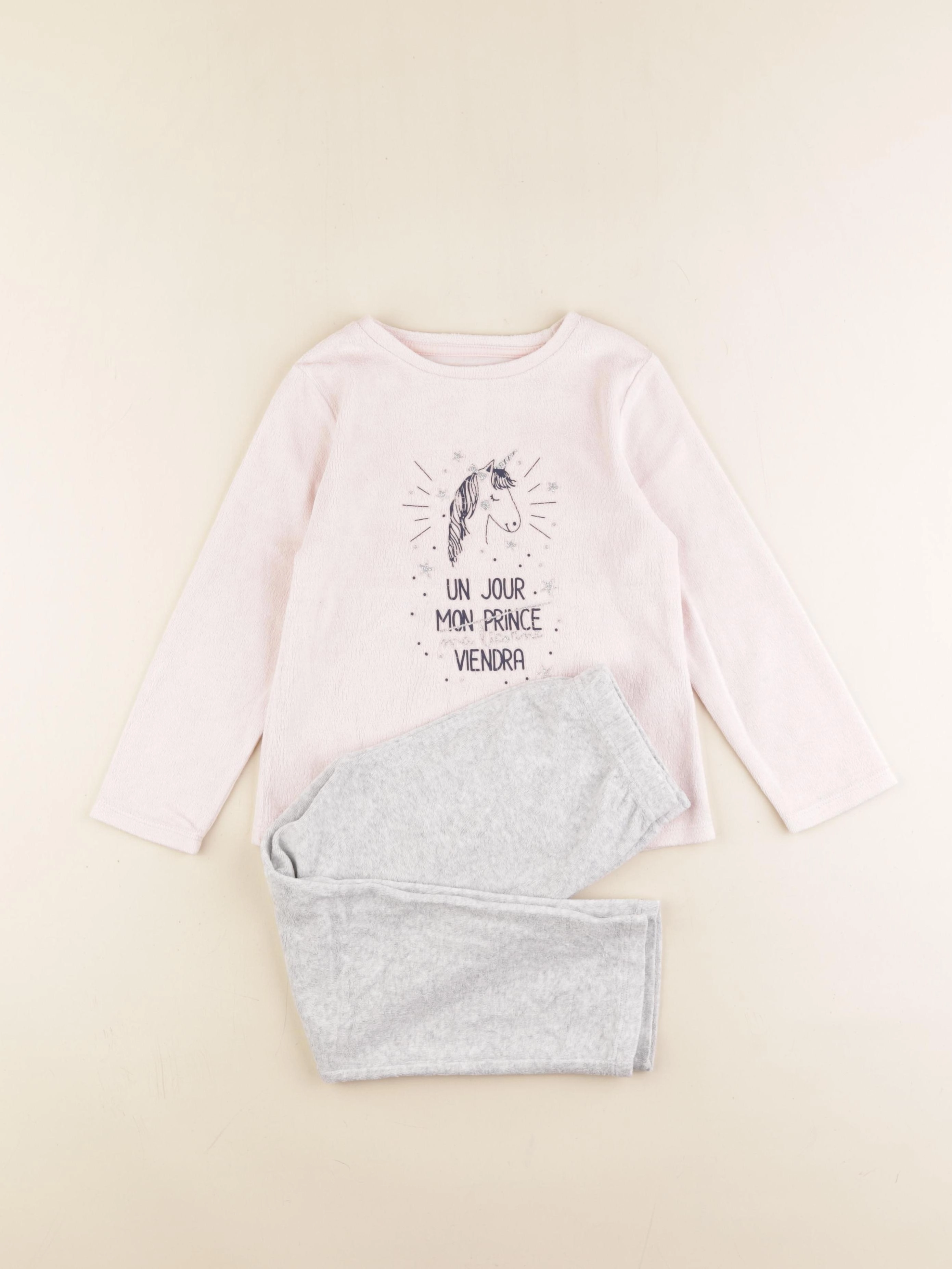 Vertbaudet - pyjama velours gris, rose - 5 ans