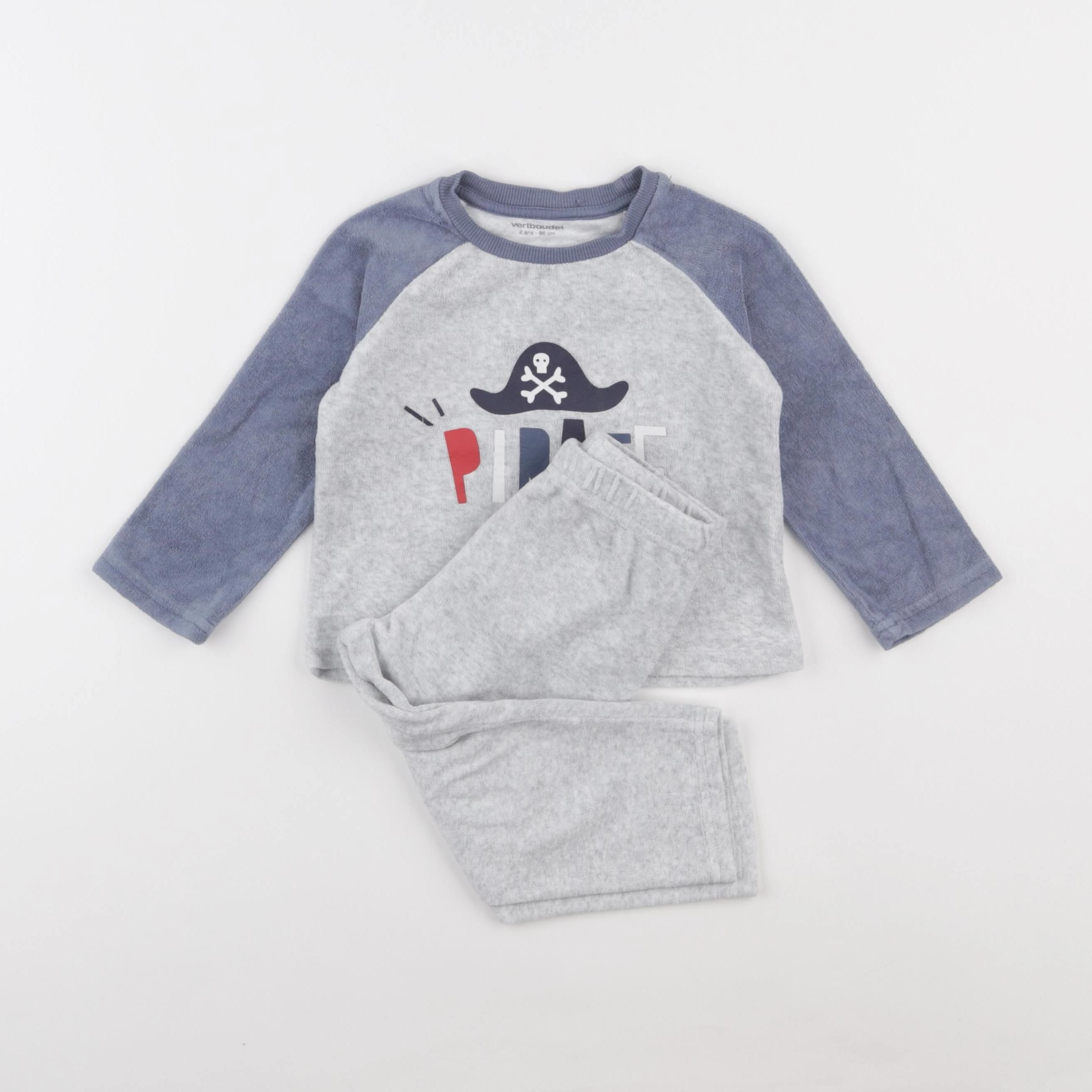 Vertbaudet - pyjama velours bleu, gris - 2 ans