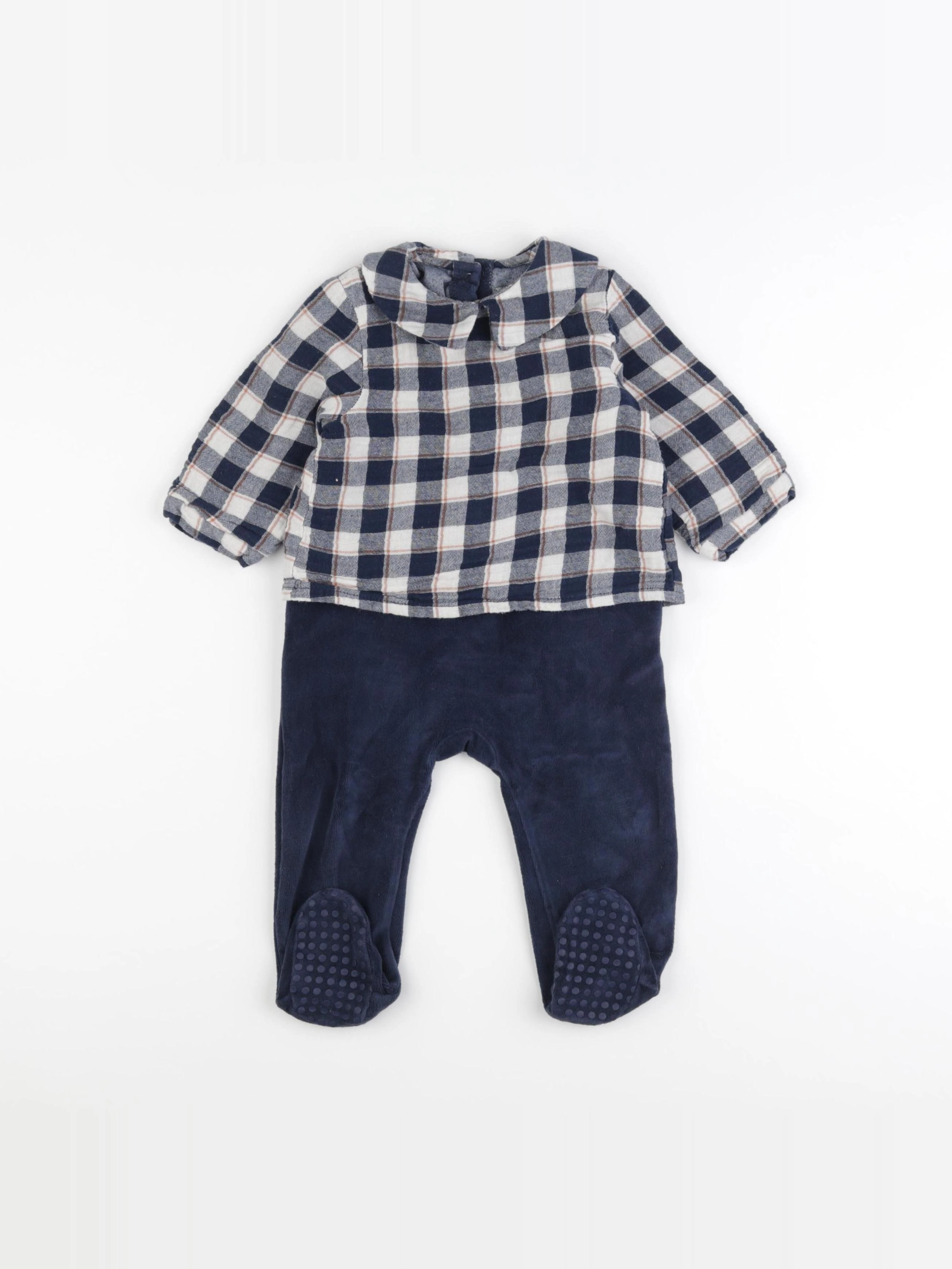 Vertbaudet - pyjama velours bleu, beige - 9/12 mois