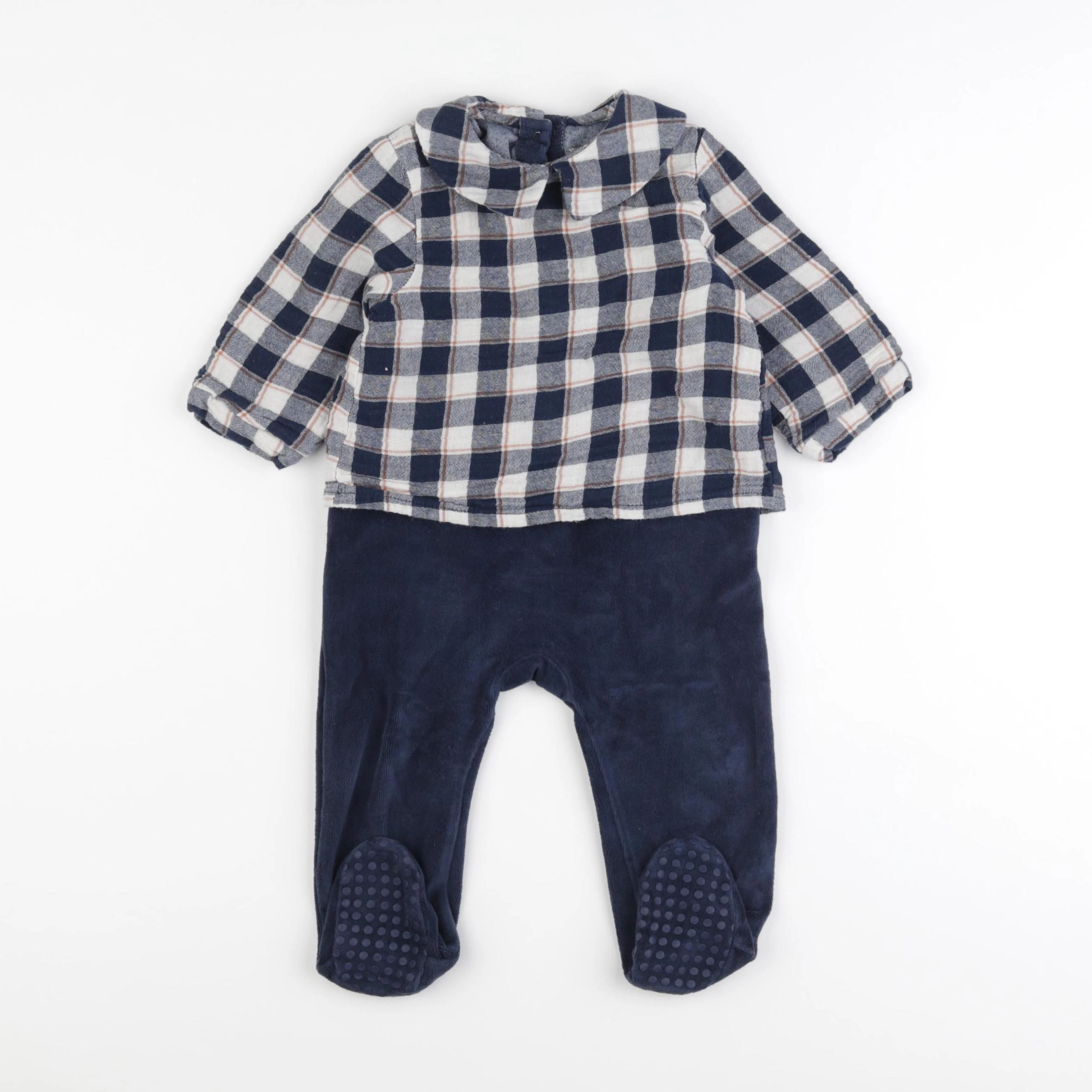 Vertbaudet - pyjama velours bleu, beige - 9/12 mois
