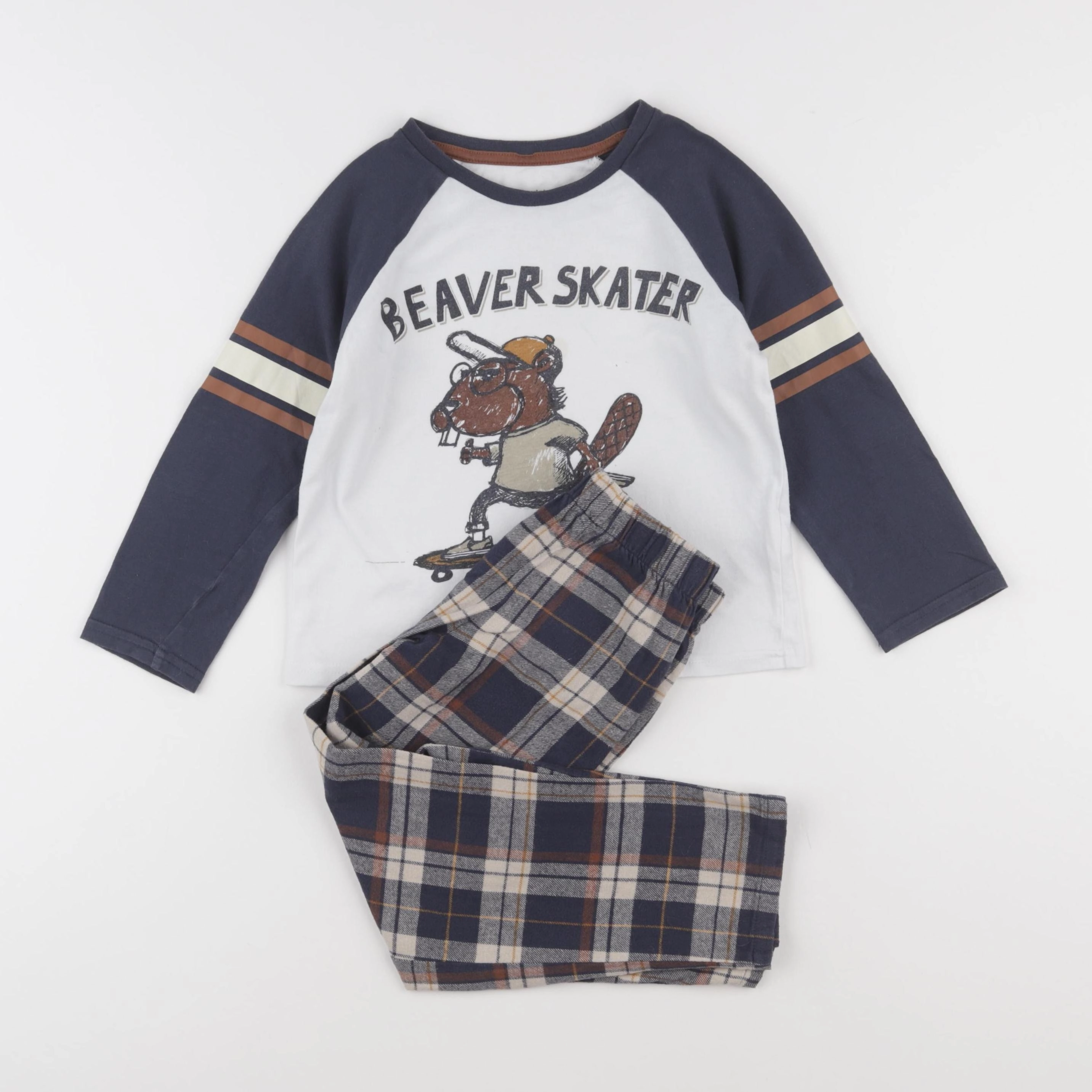 Vertbaudet - pyjama coton blanc, bleu, marron - 5 ans