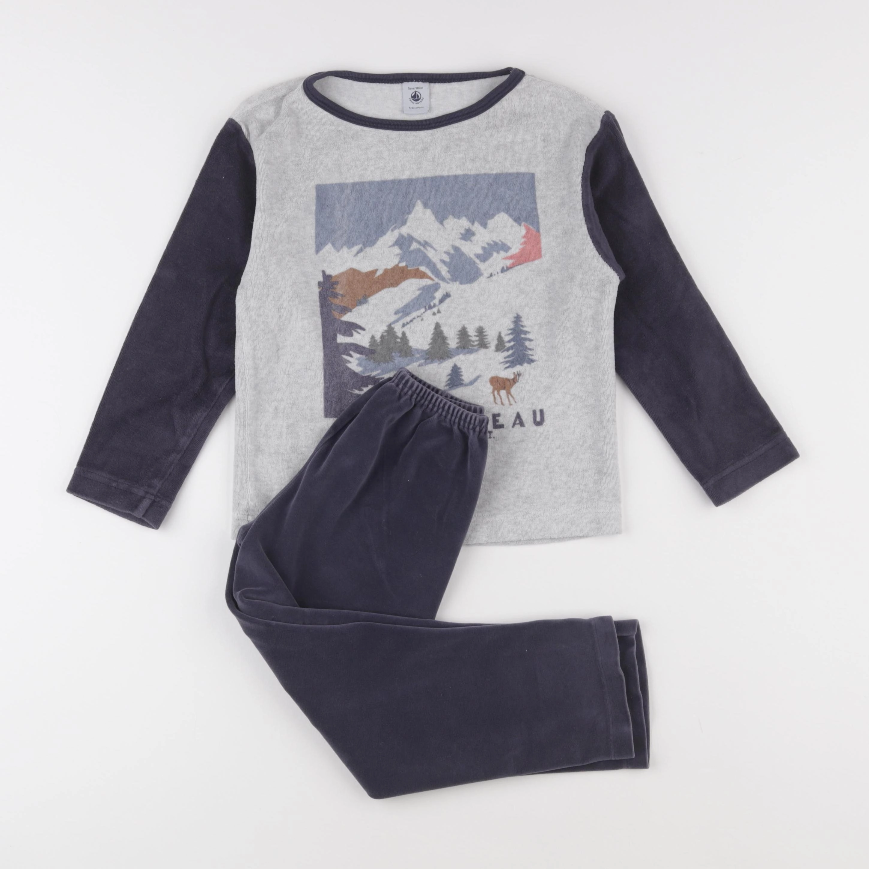 Petit Bateau - pyjama velours bleu, gris - 5 ans