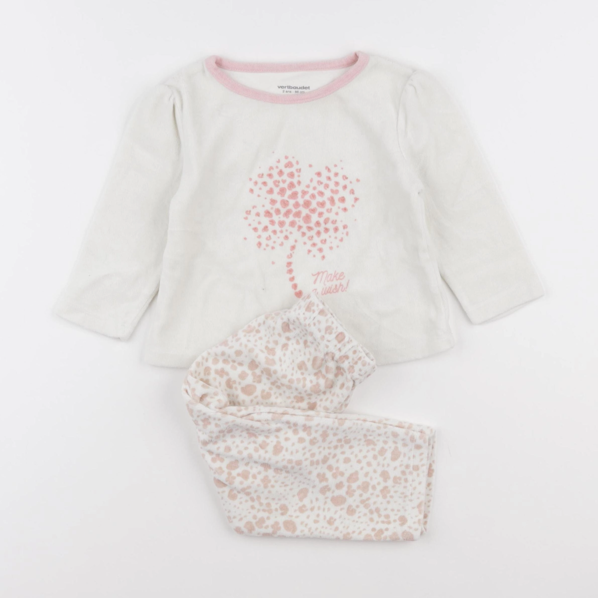 Vertbaudet - pyjama velours blanc, rose - 2 ans