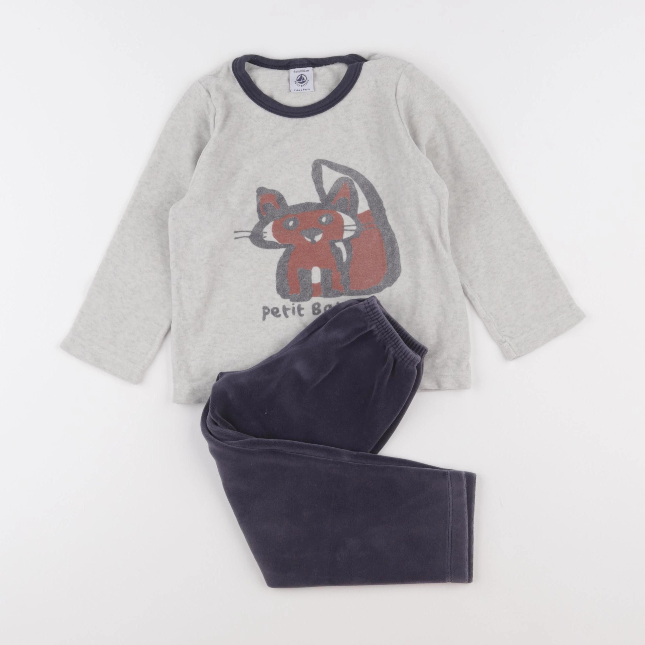 Petit Bateau - pyjama velours bleu, gris - 4 ans