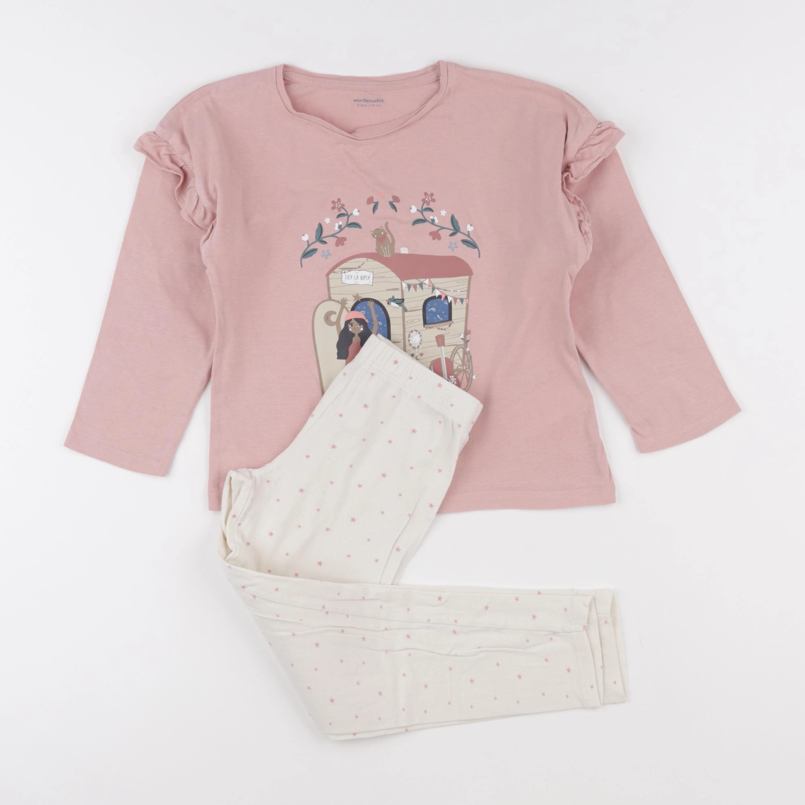 Vertbaudet - pyjama coton beige, rose - 6 ans