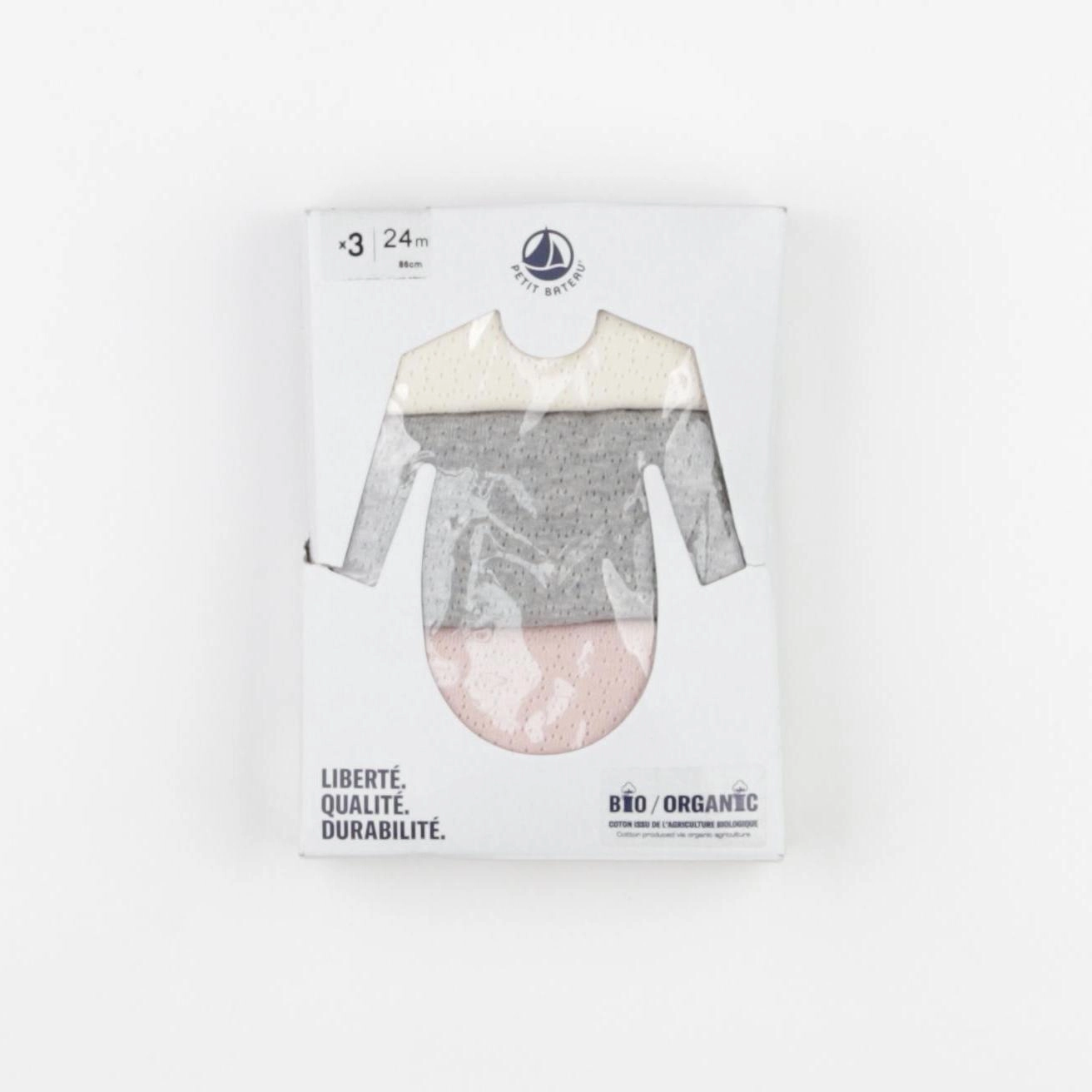 Petit Bateau - lot de 3 bodies en coton beige, gris, rose - 24 mois