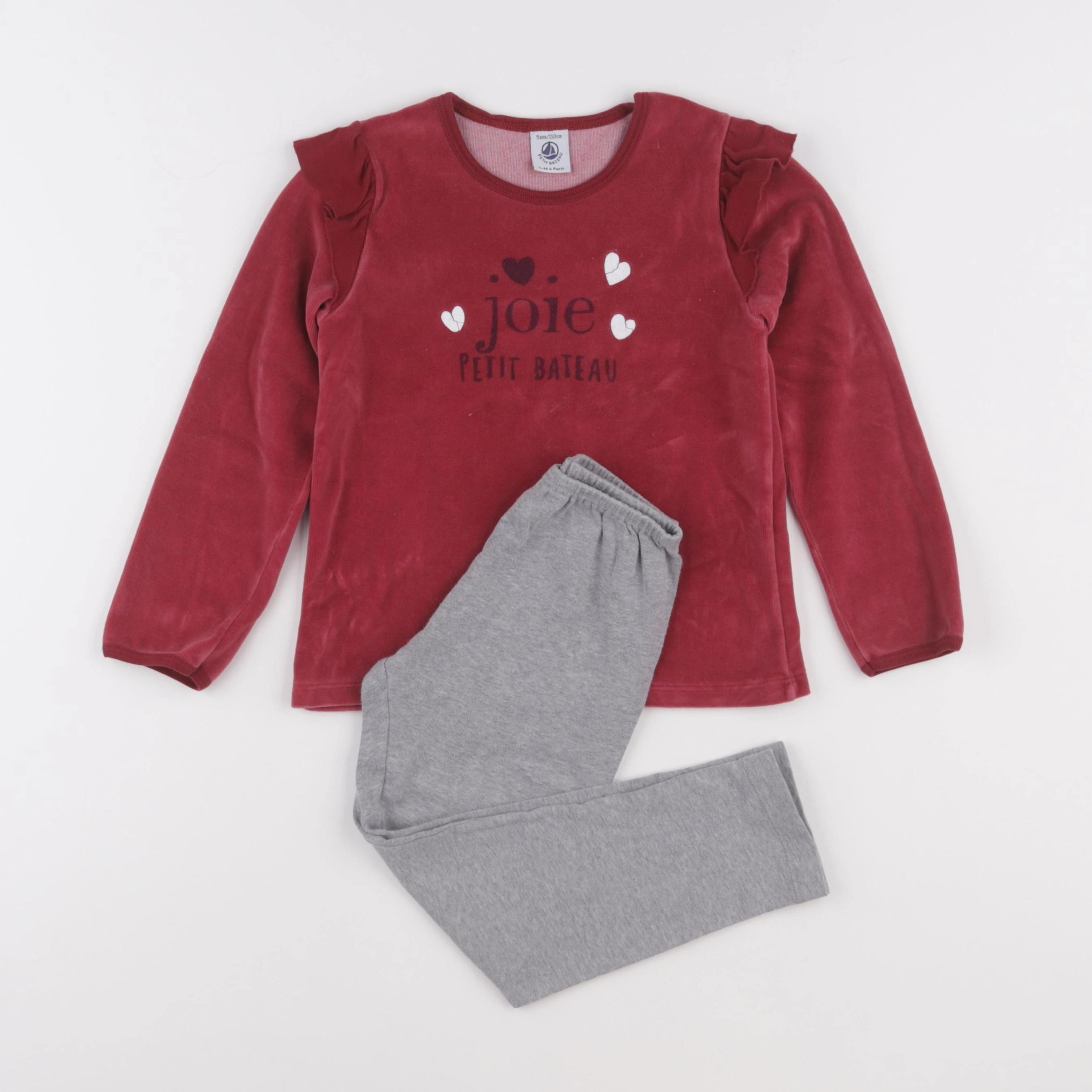 Petit Bateau - pyjama velours rouge, gris - 5 ans