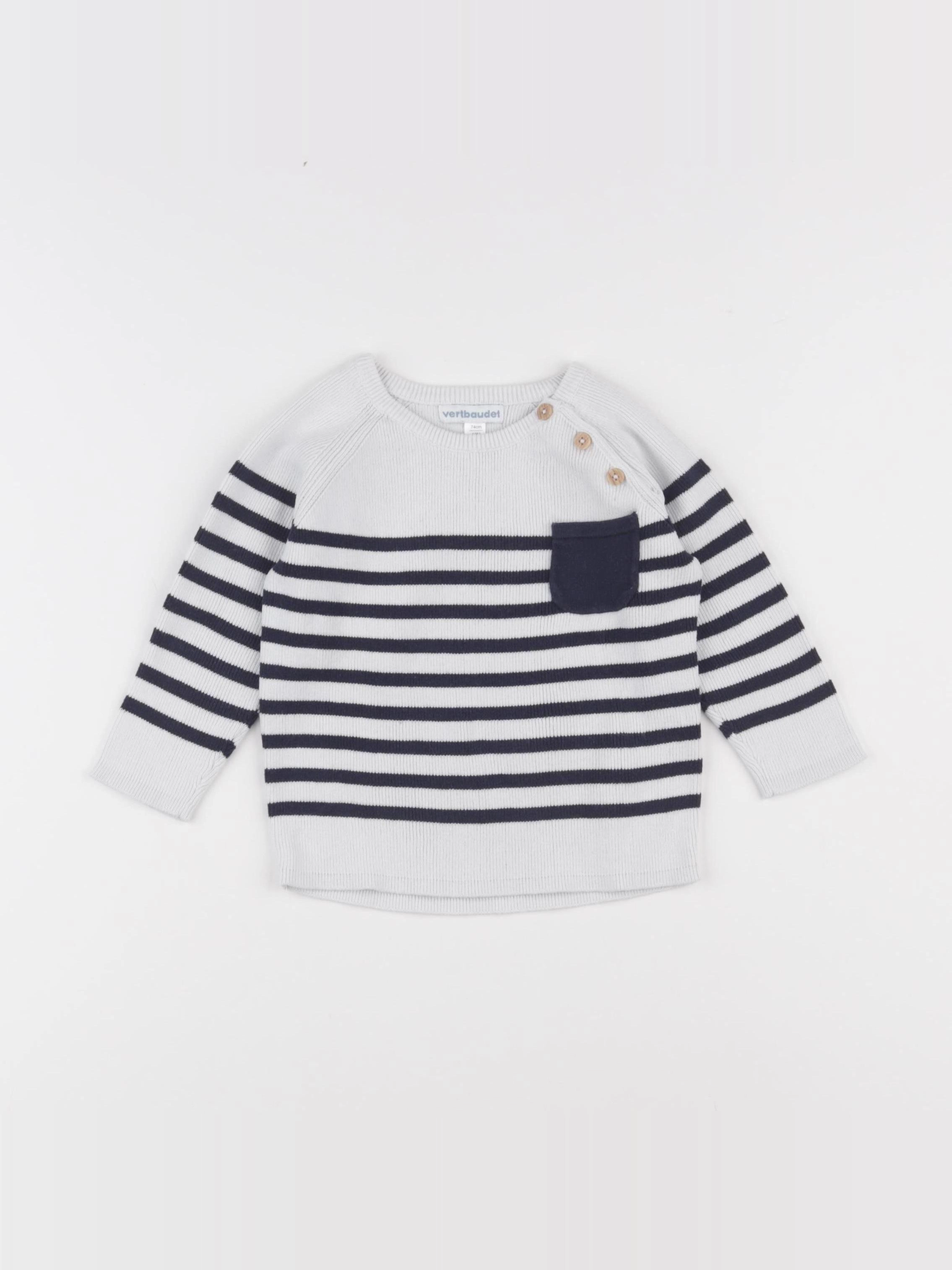 Vertbaudet - pull blanc, bleu - 12 mois