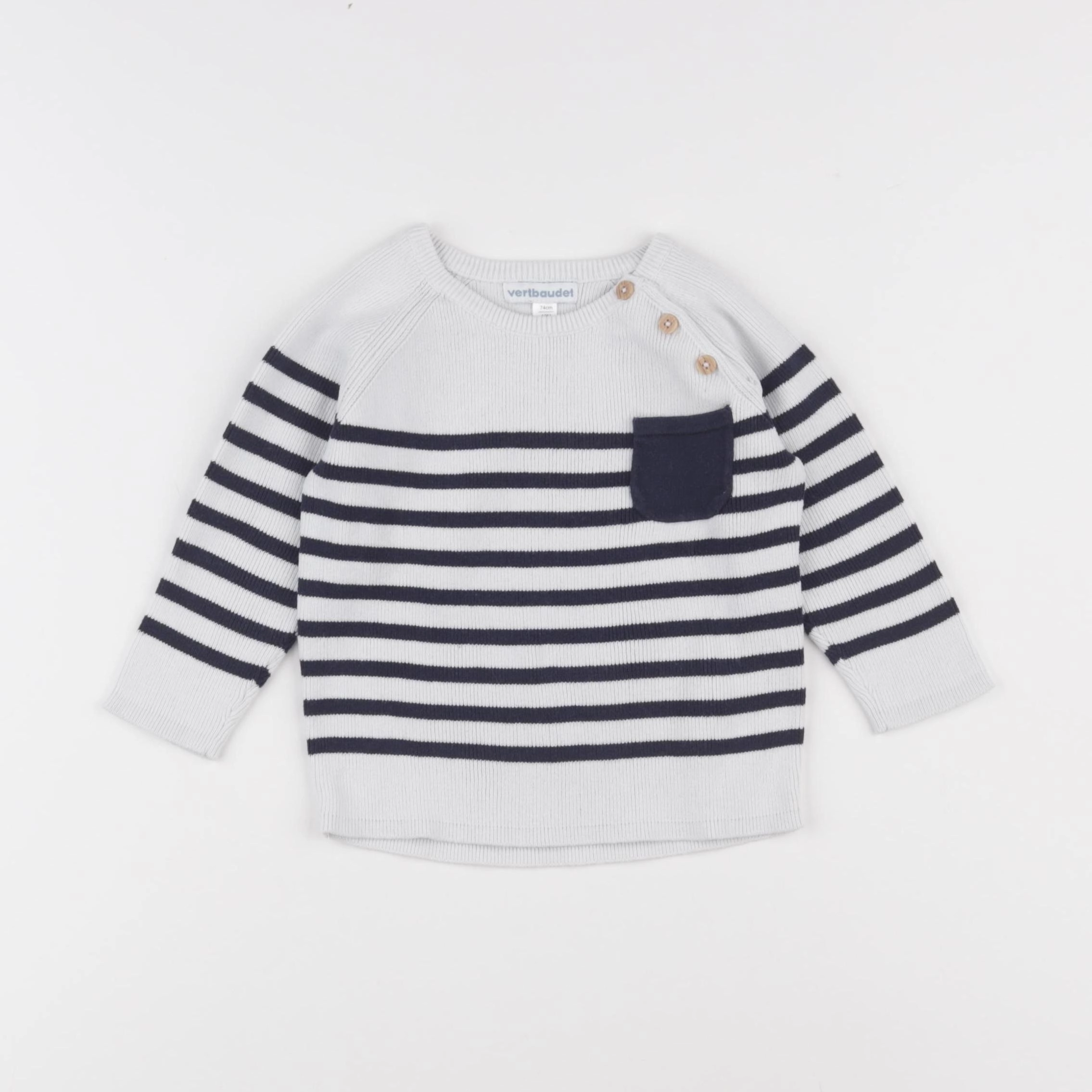 Vertbaudet - pull blanc, bleu - 12 mois