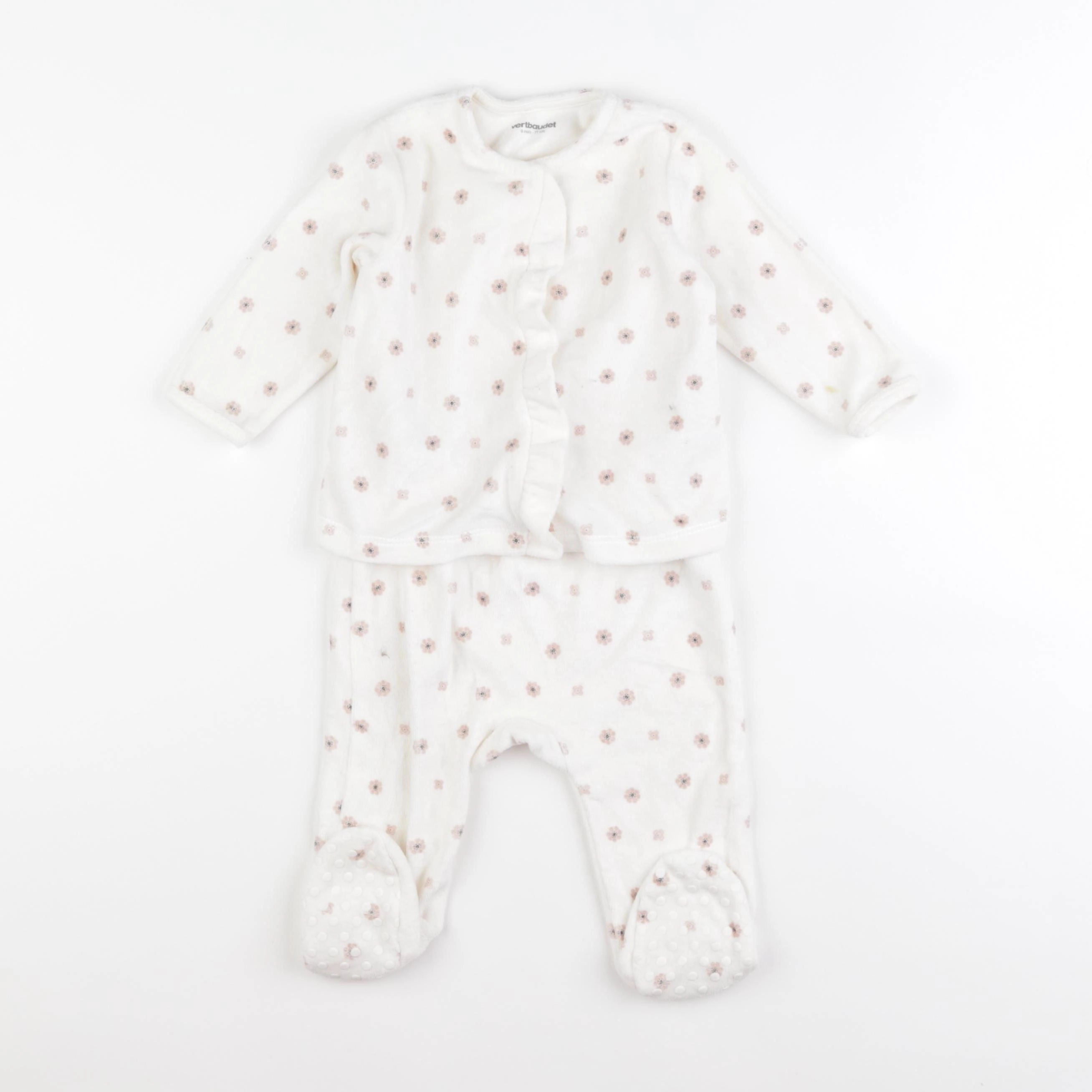 Vertbaudet - pyjama velours beige, rose - 9 mois