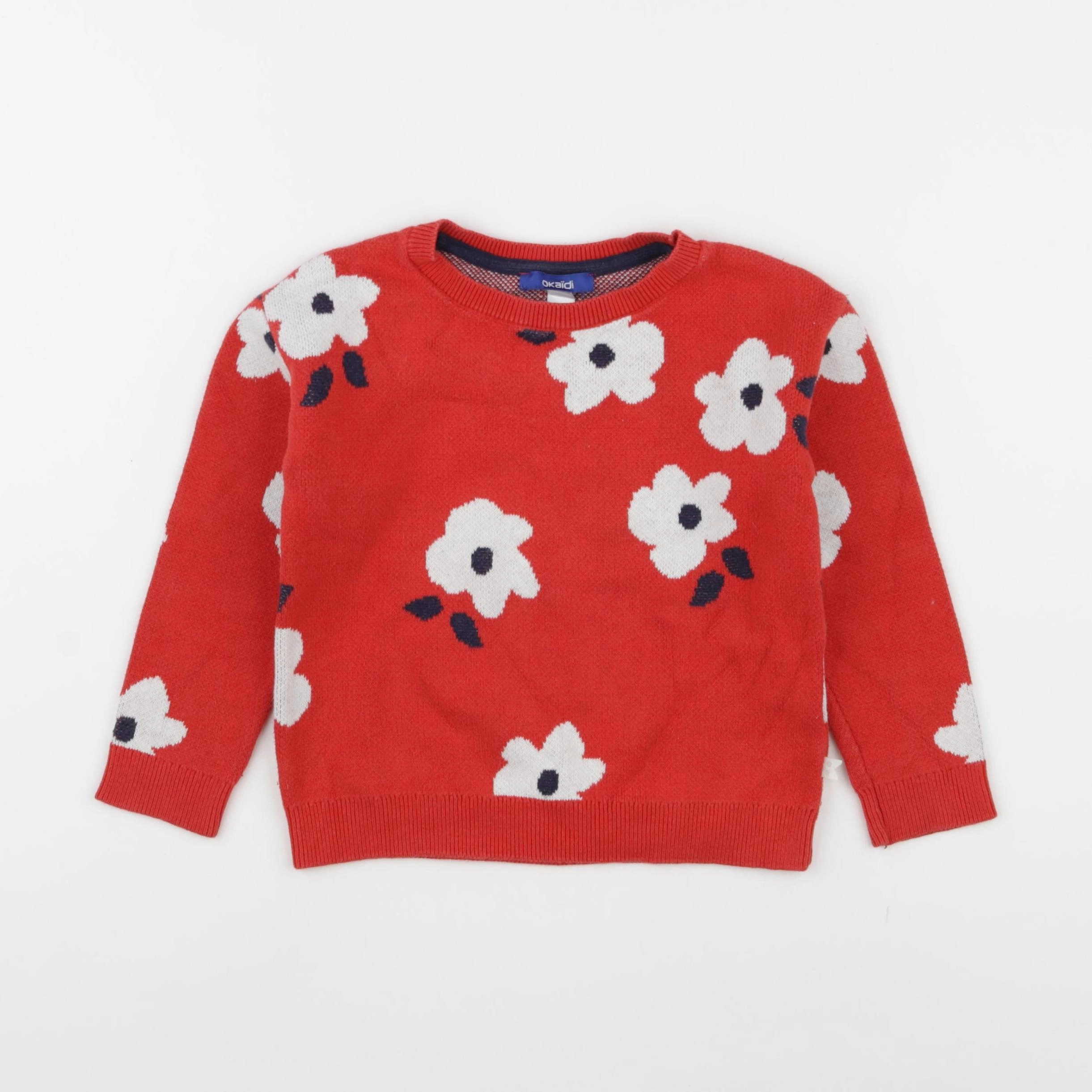 Okaidi - pull rouge, blanc - 4 ans