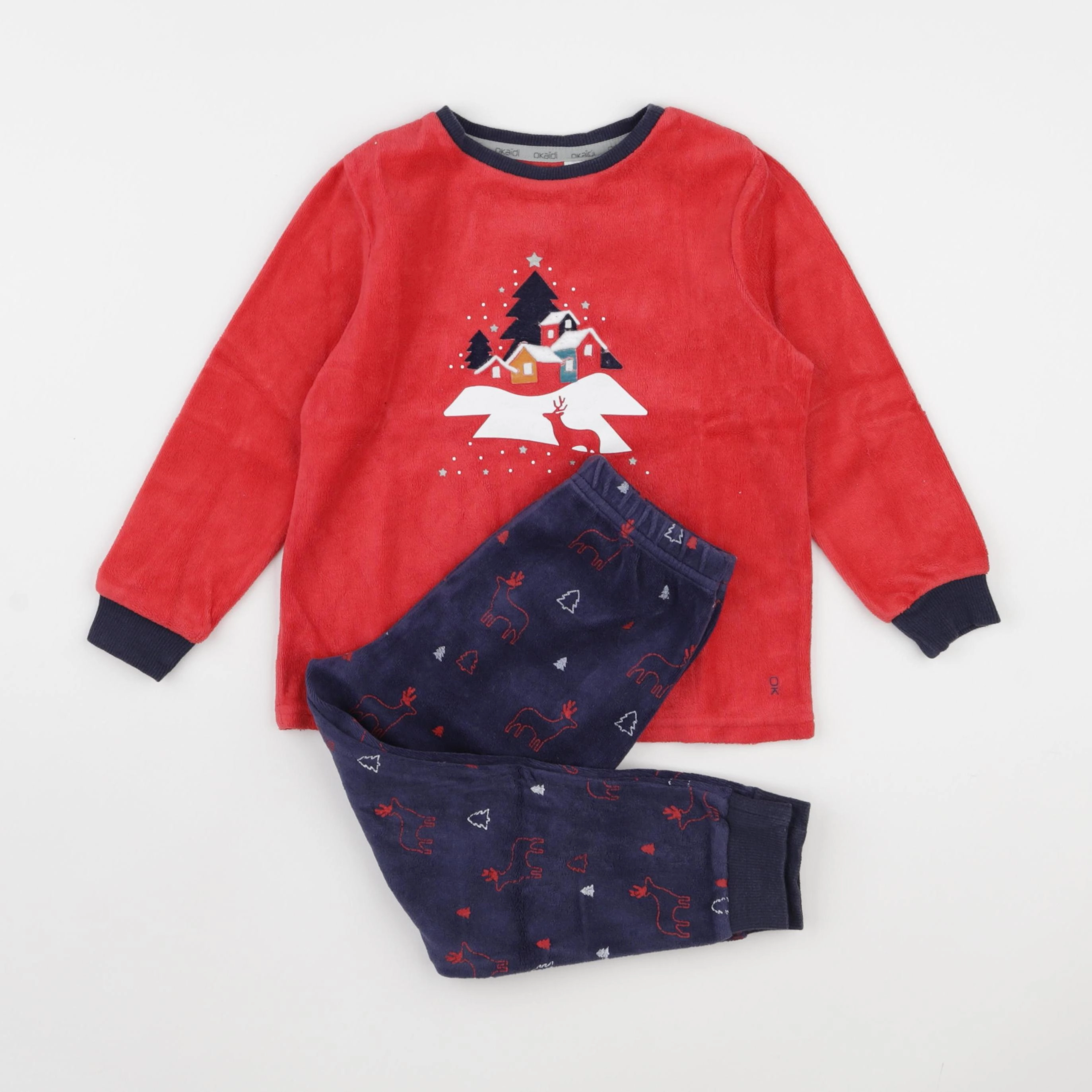 Okaidi - pyjama velours bleu, rouge - 4 ans