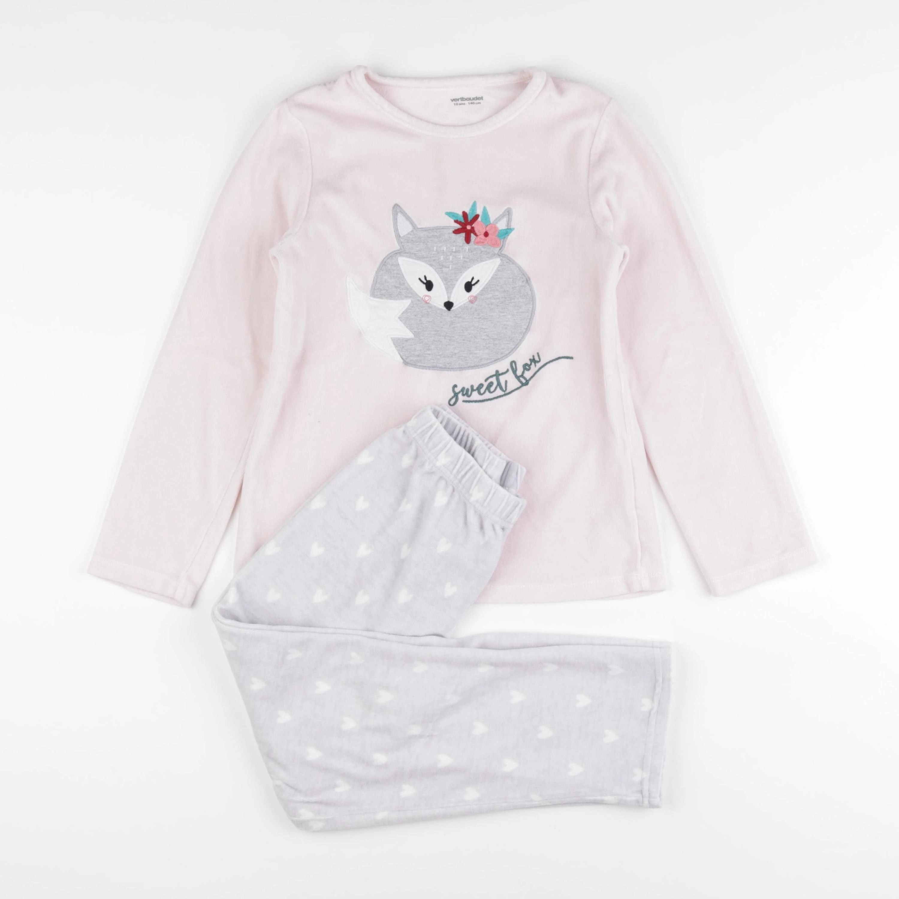 Vertbaudet - pyjama velours rose, gris - 10 ans