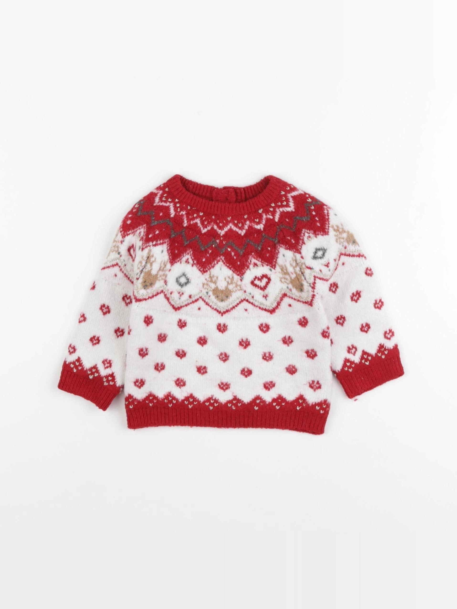 Vertbaudet - pull beige, rouge - 3 mois