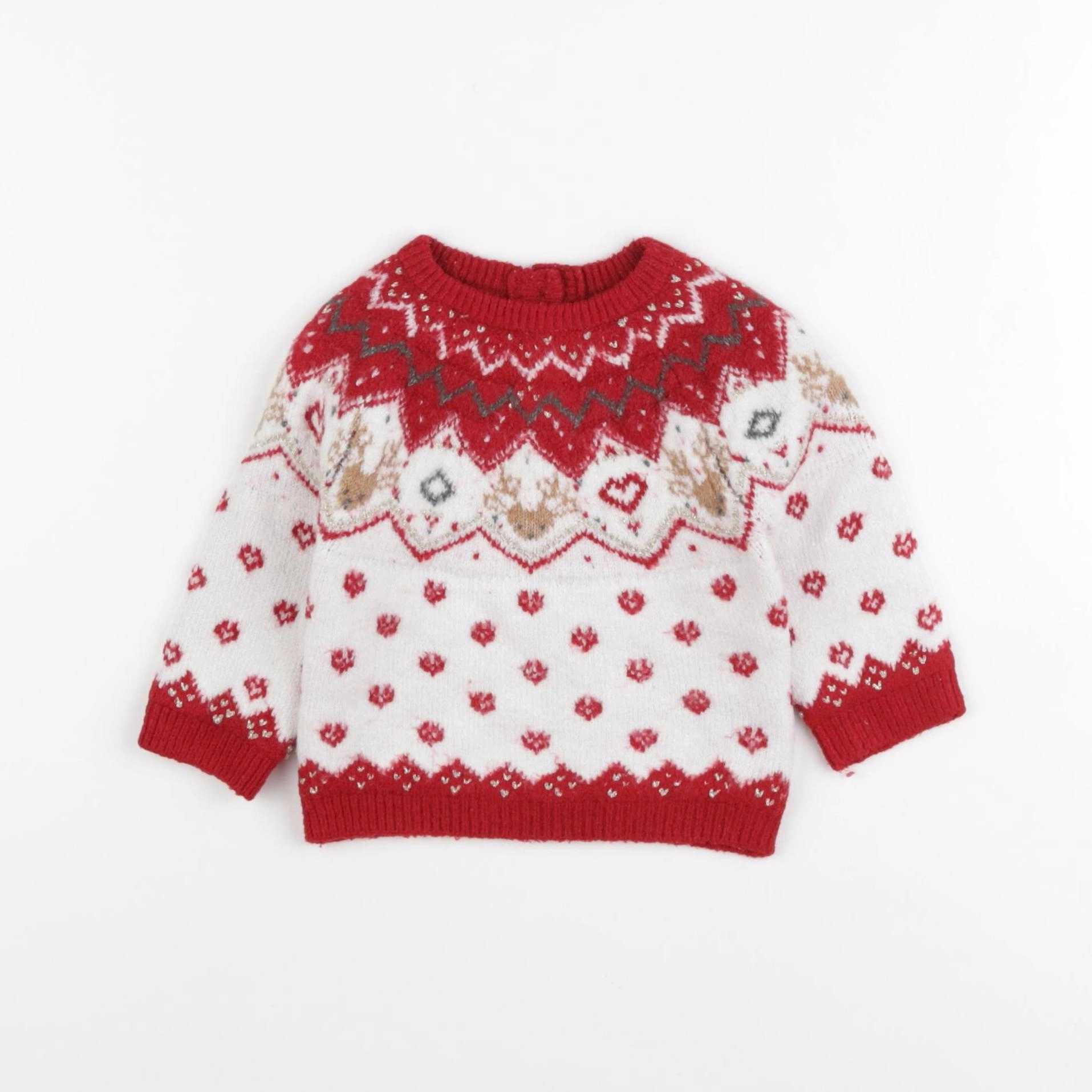 Vertbaudet - pull beige, rouge - 3 mois