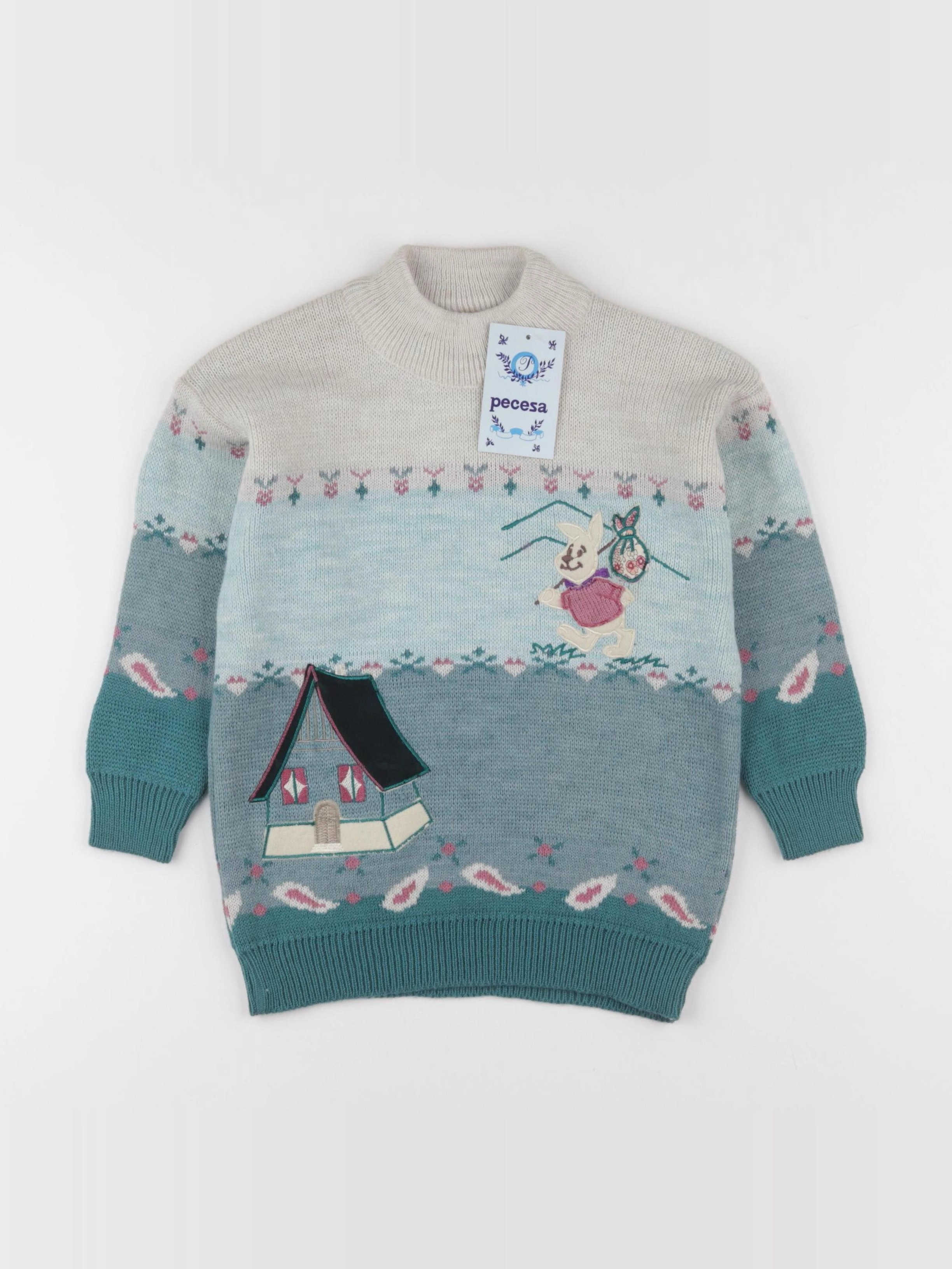 Vintage - pull beige, vert - 4 ans
