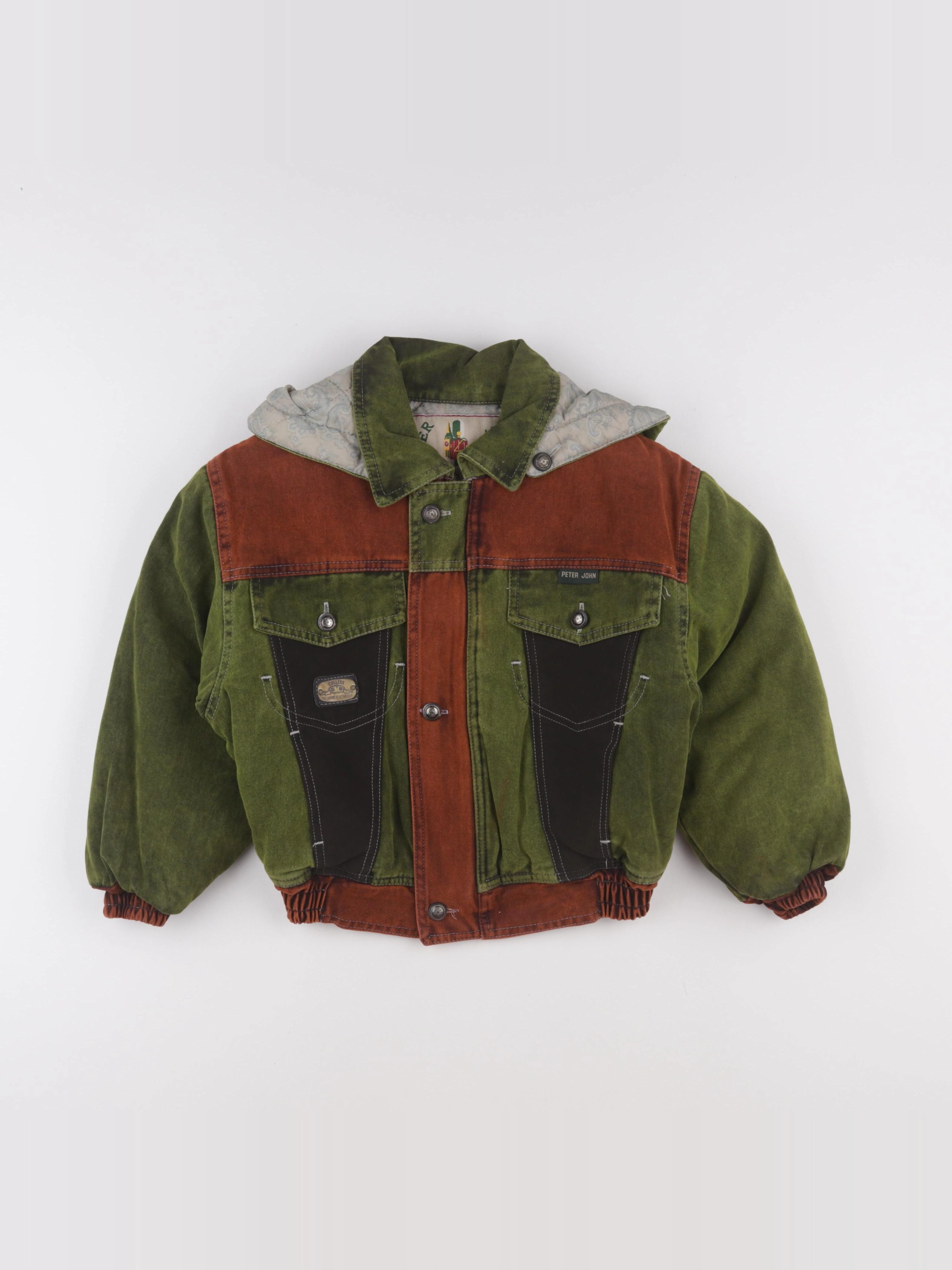Vintage - veste doublé capuche amovible vert, marron - 8 ans