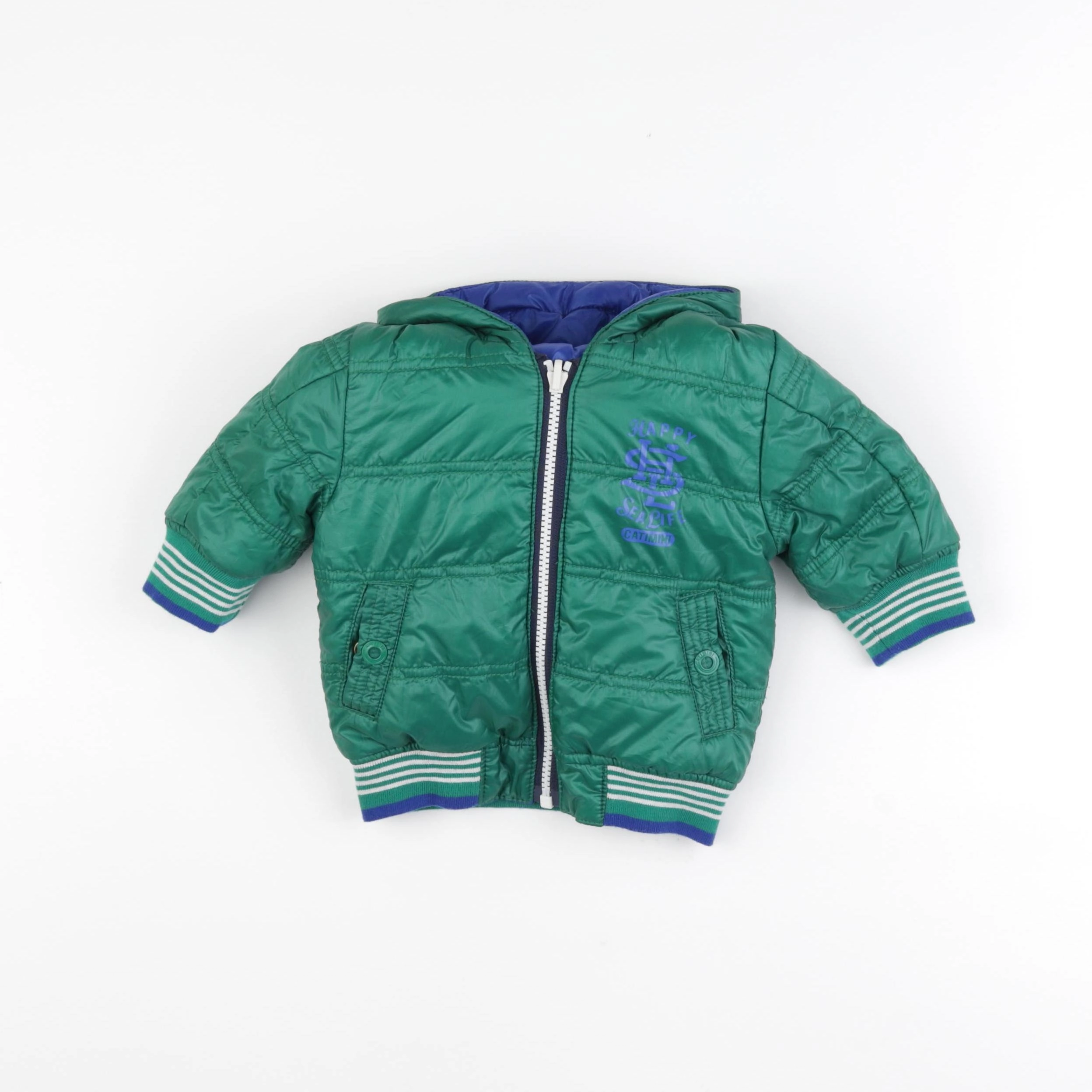 Catimini - doudoune réversible bleu, vert - 6 mois