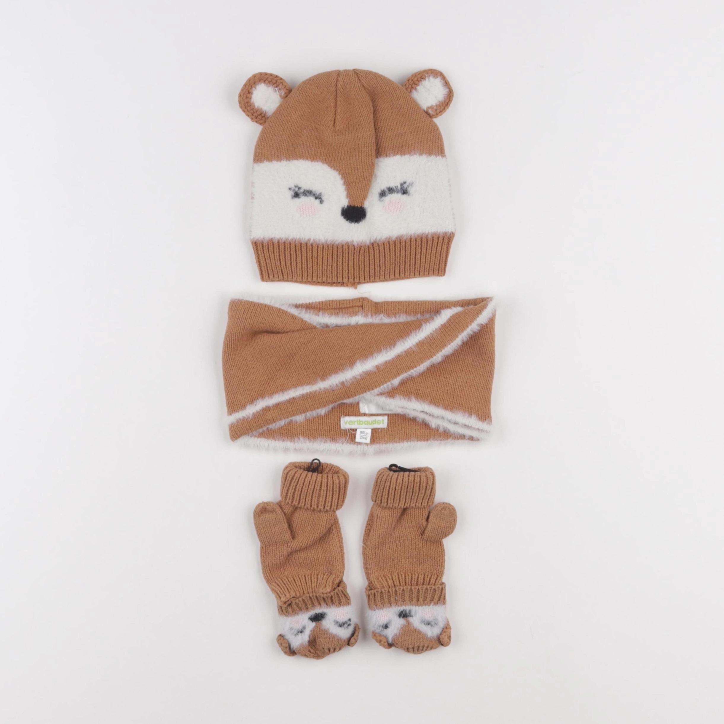 Vertbaudet - ensemble bonnet/moufles/tour de cou marron - 2/3 ans