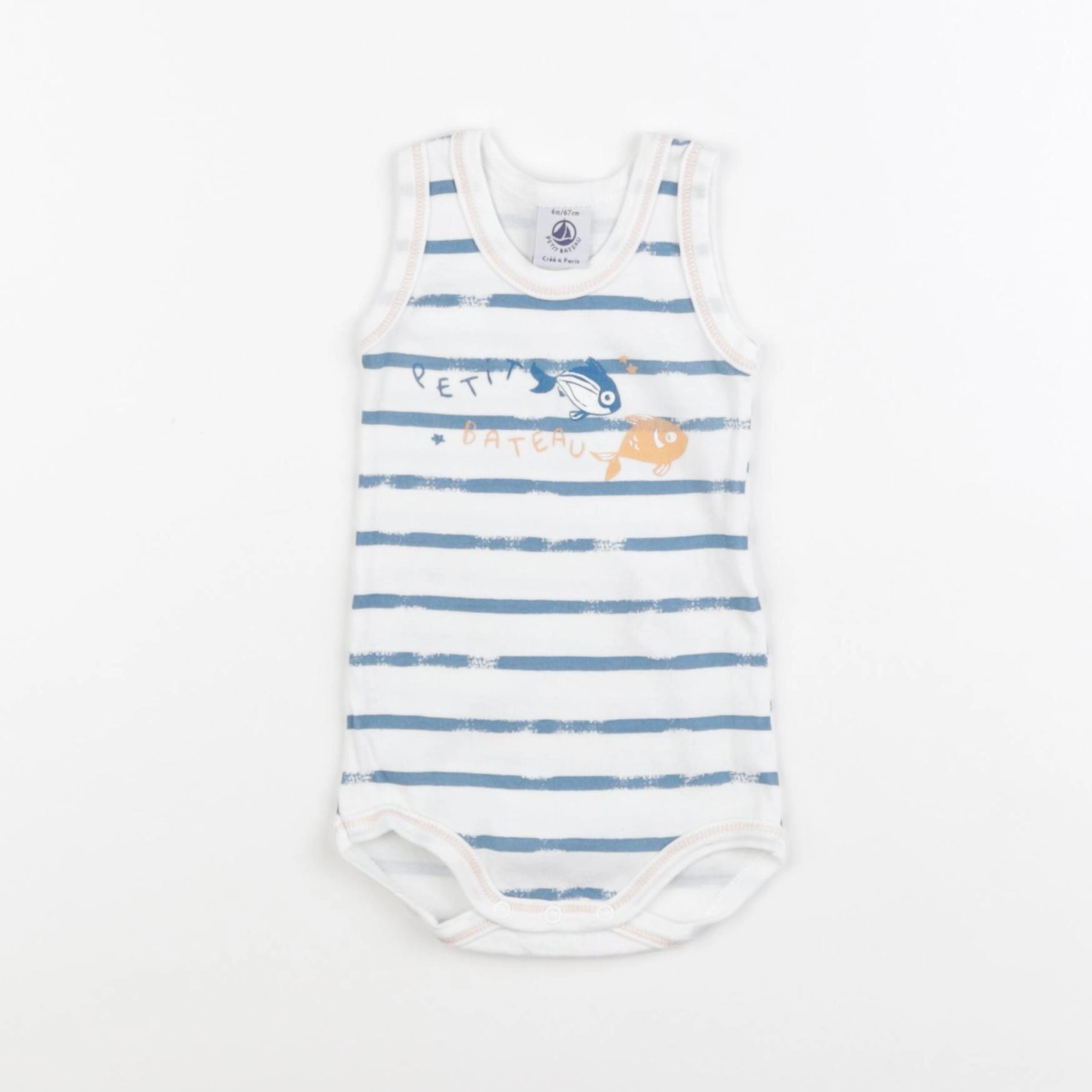 Petit Bateau - body blanc, bleu - 6 mois