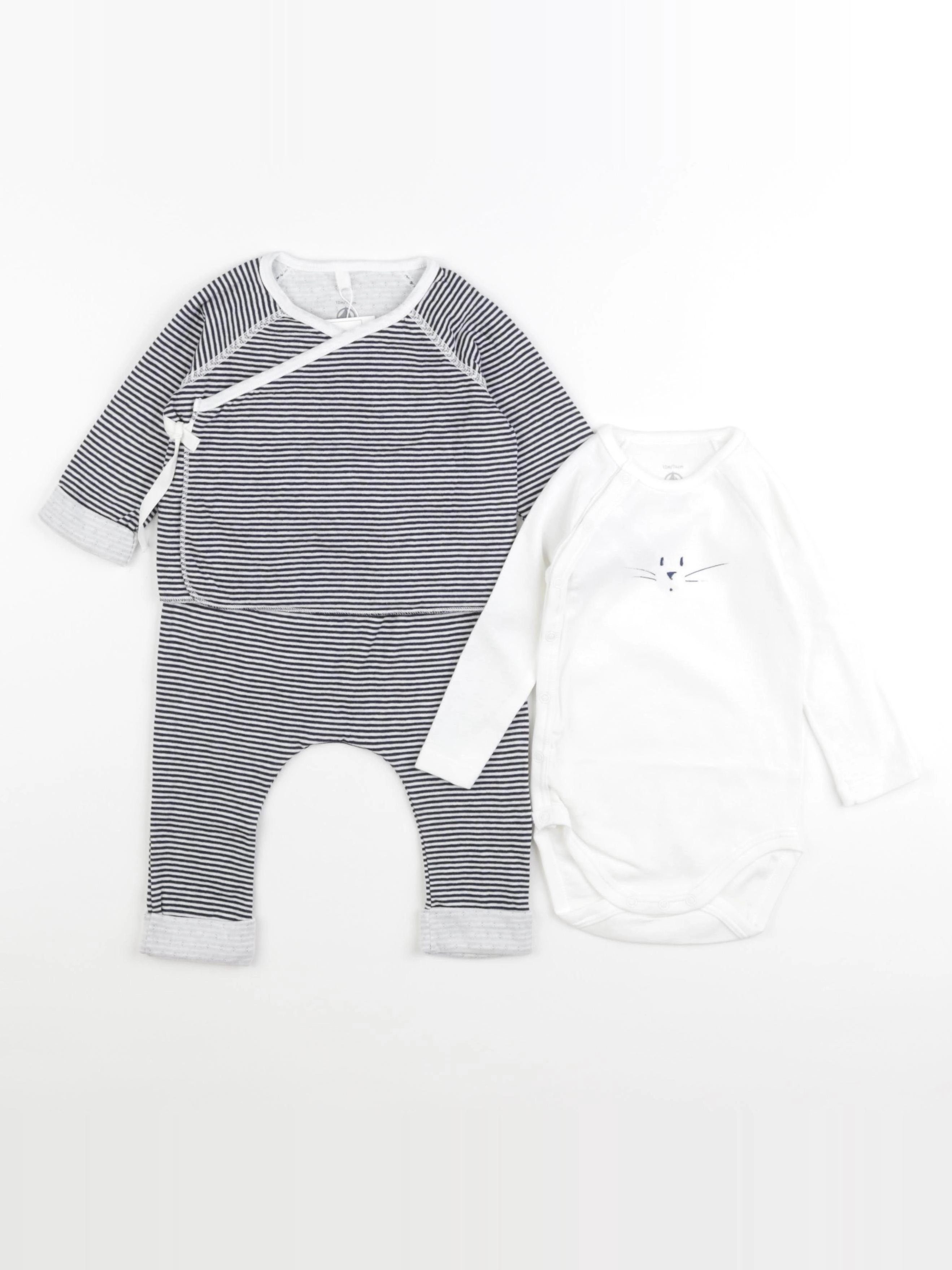 Petit Bateau - ensemble bleu, blanc - 12 mois