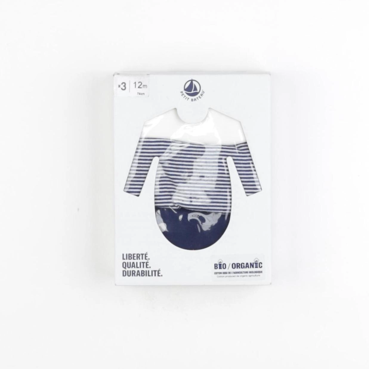 Petit Bateau - lot de 3 bodies en coton bleu (état neuf) - 12 mois