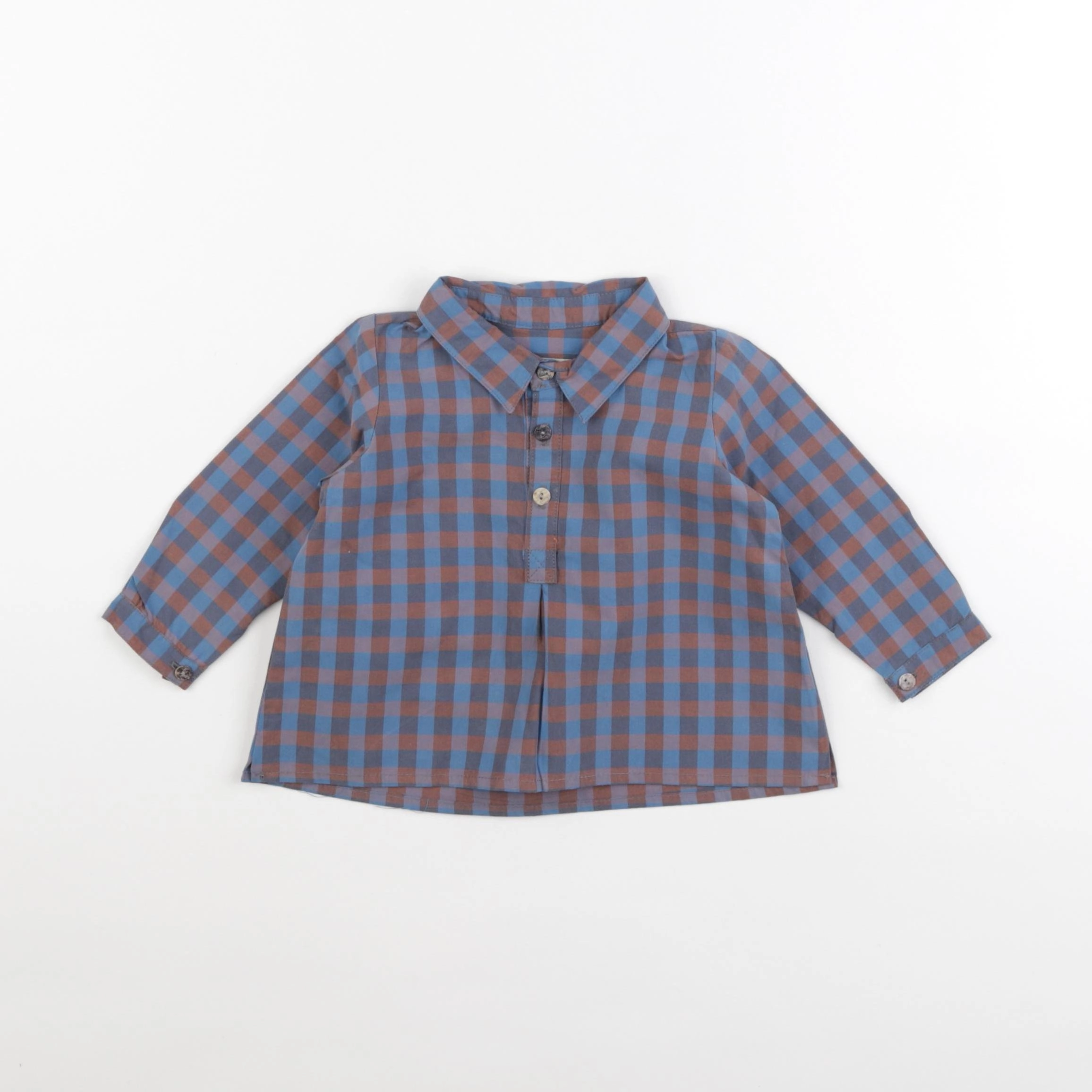 Bonnet à Pompon - chemise bleu, marron - 6 mois