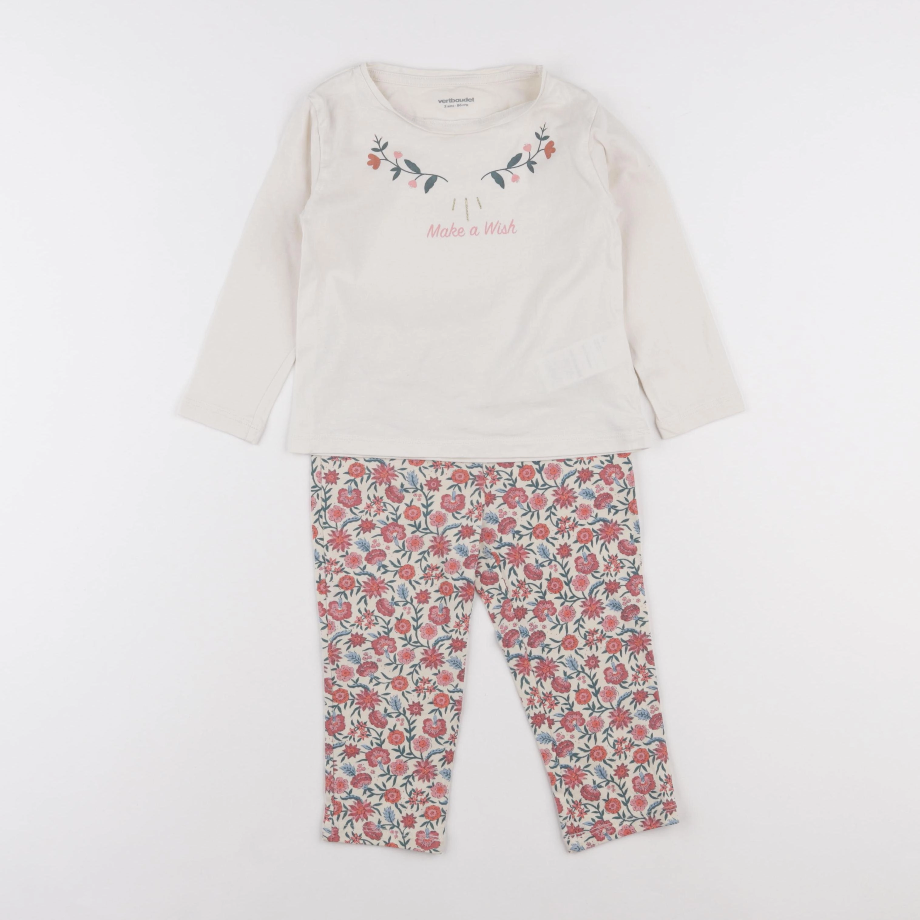 Vertbaudet - pyjama coton blanc, rose - 2 ans