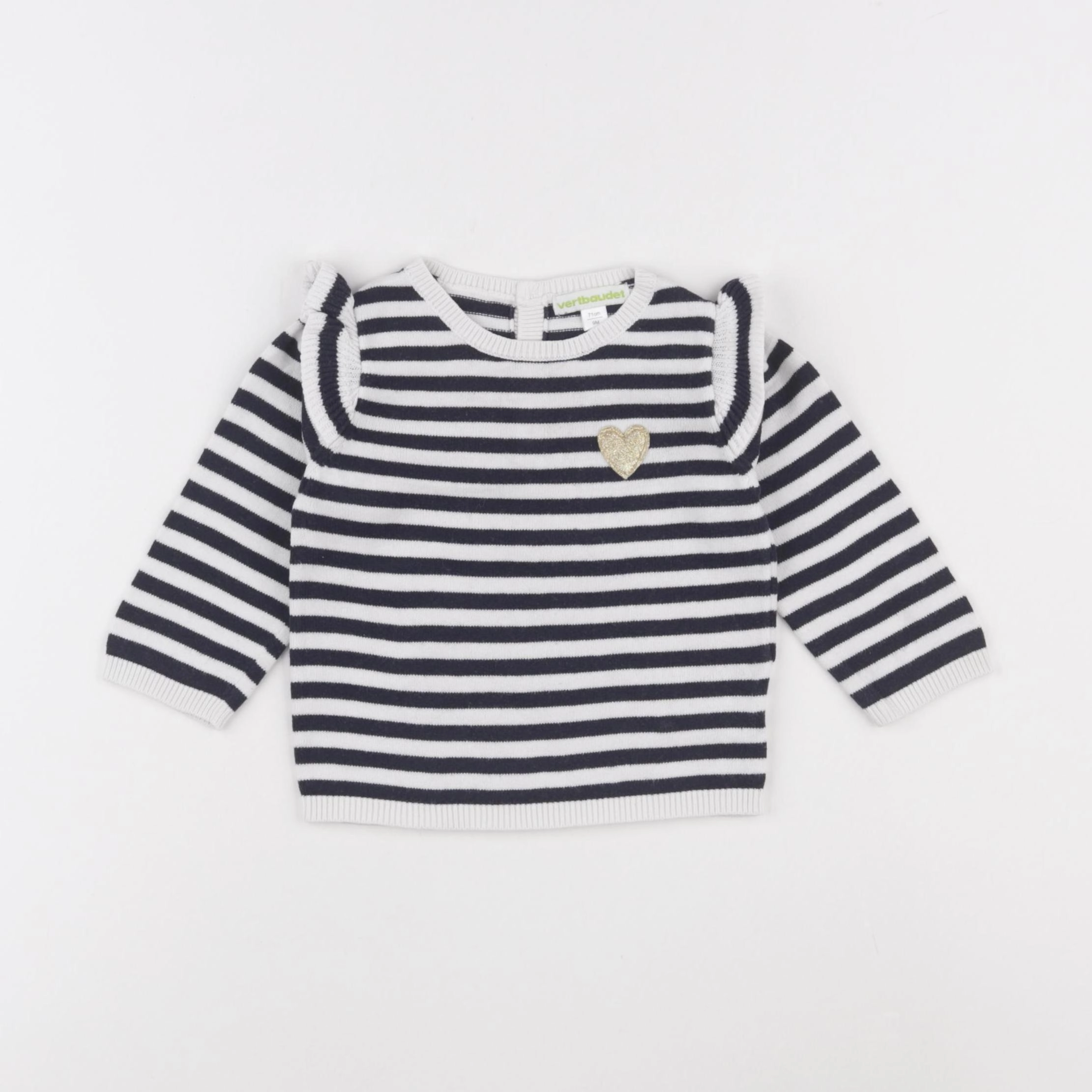 Vertbaudet - pull bleu, or - 9 mois