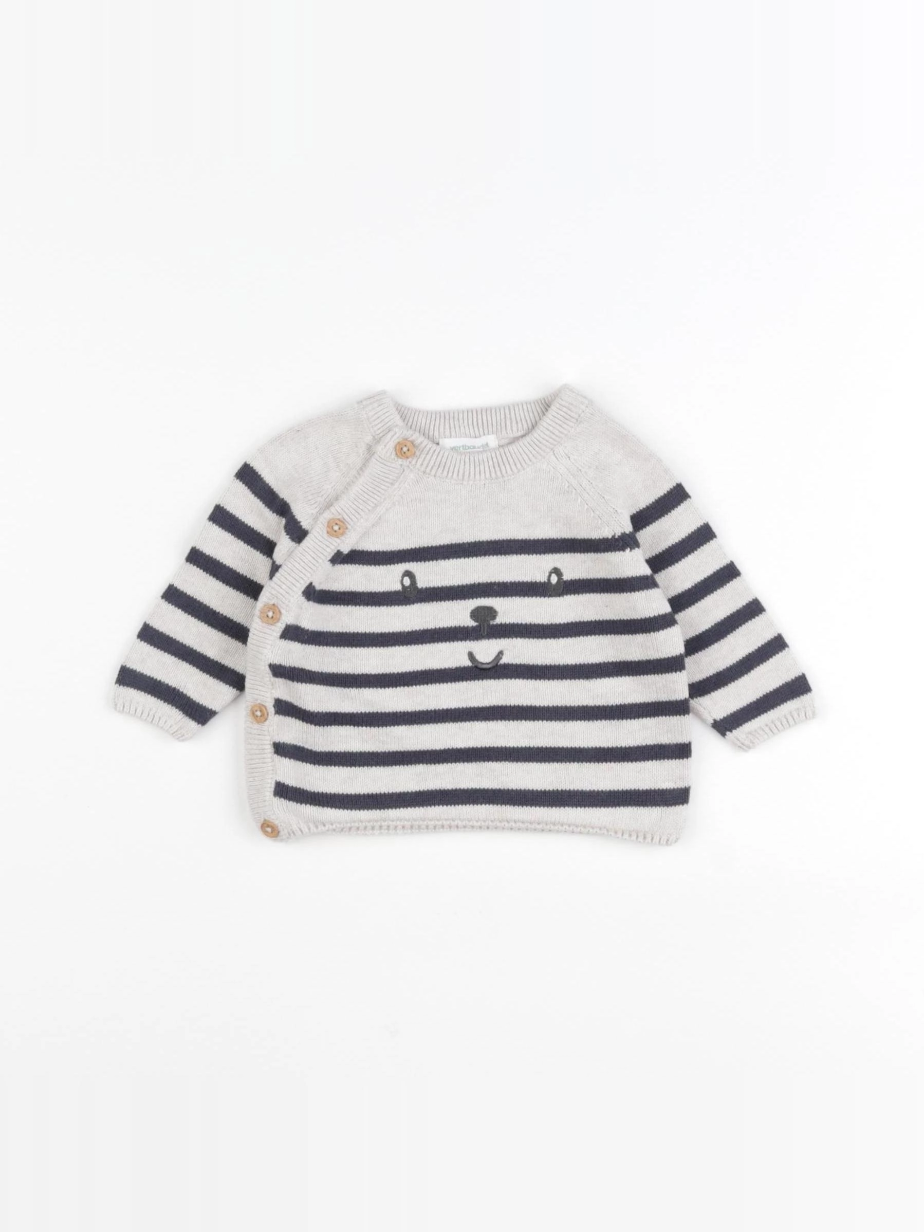 Vertbaudet - pull beige, bleu - 1 mois