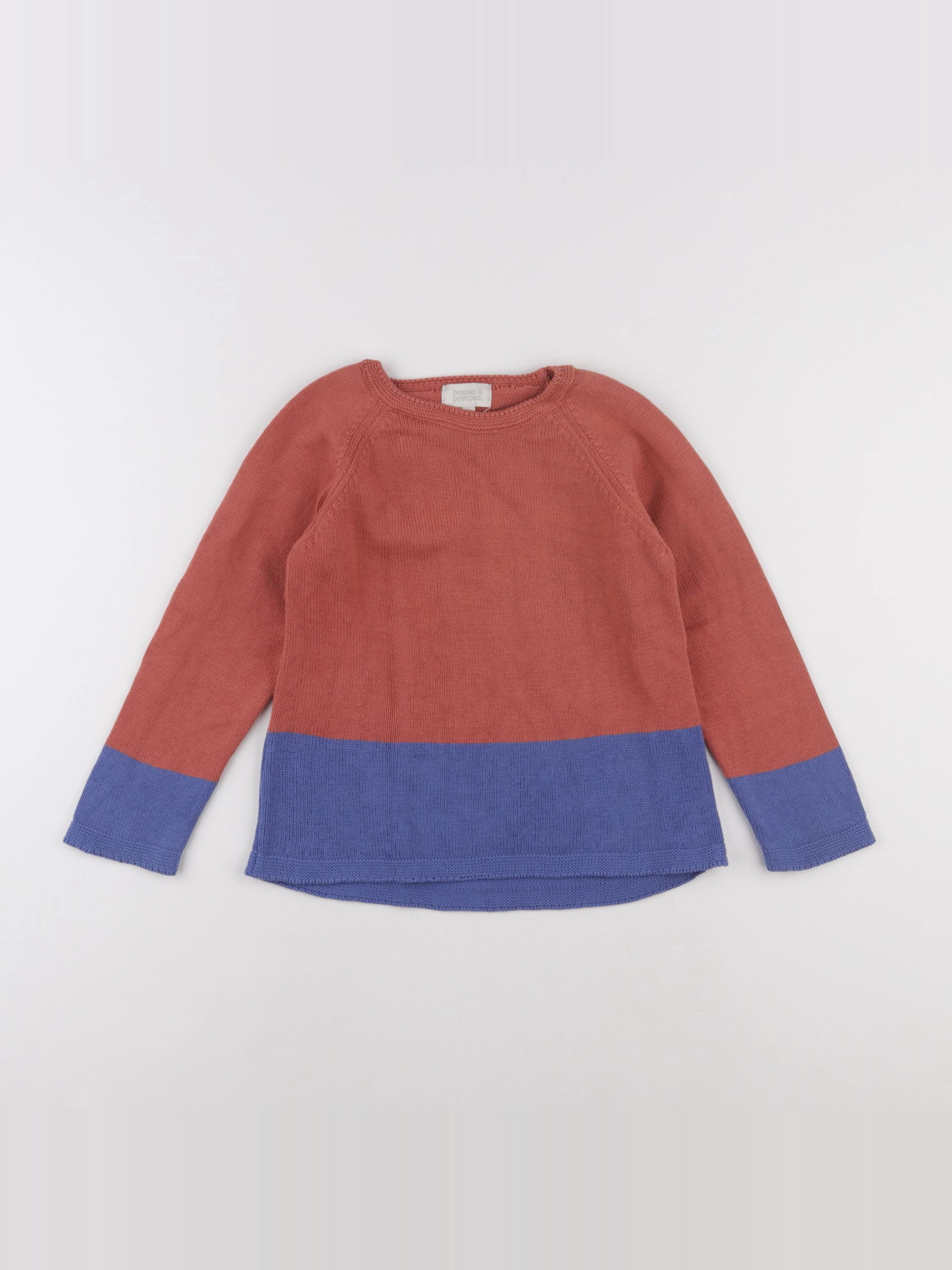 Bonnet à Pompon - pull bleu, rouge - 5 ans