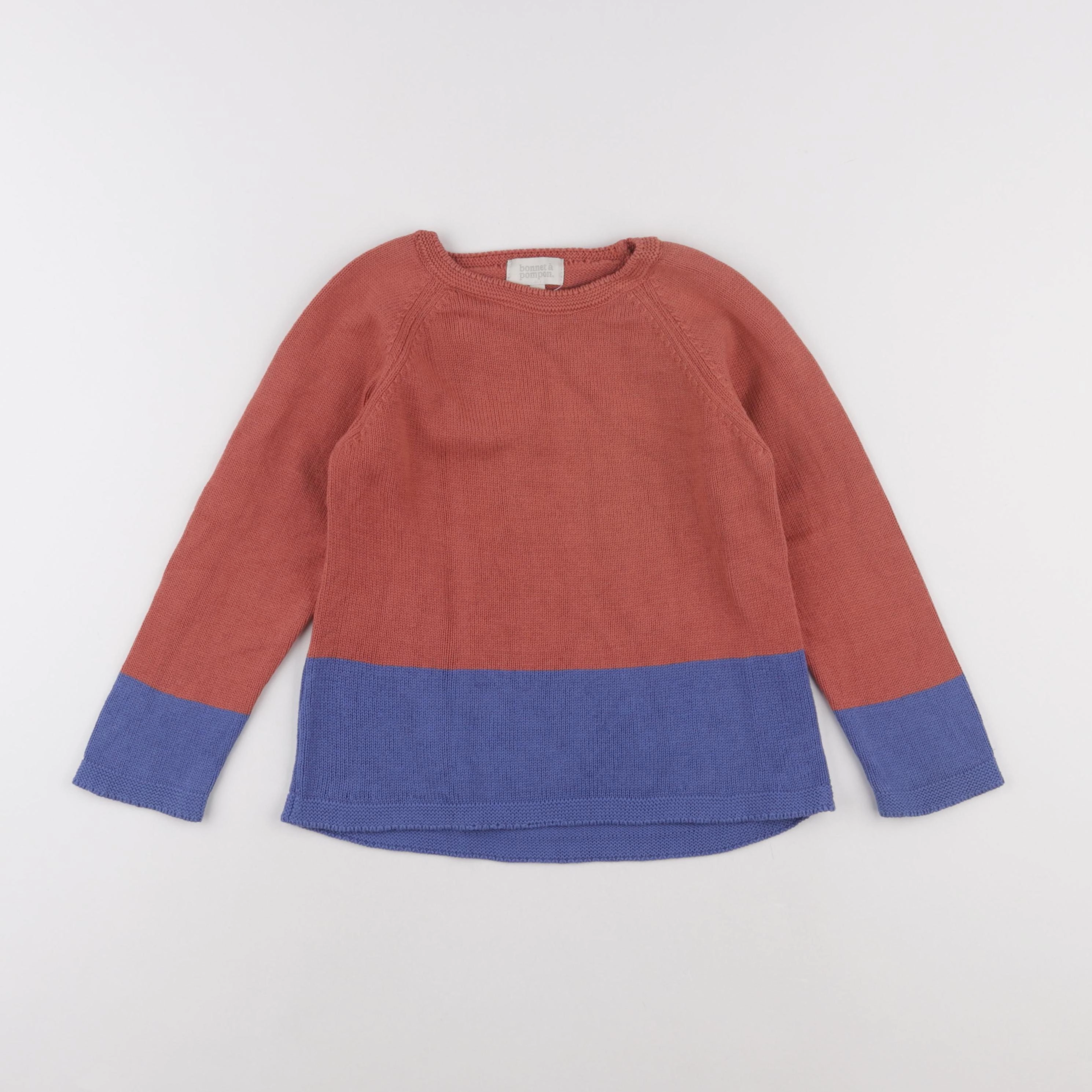 Bonnet à Pompon - pull bleu, rouge - 5 ans