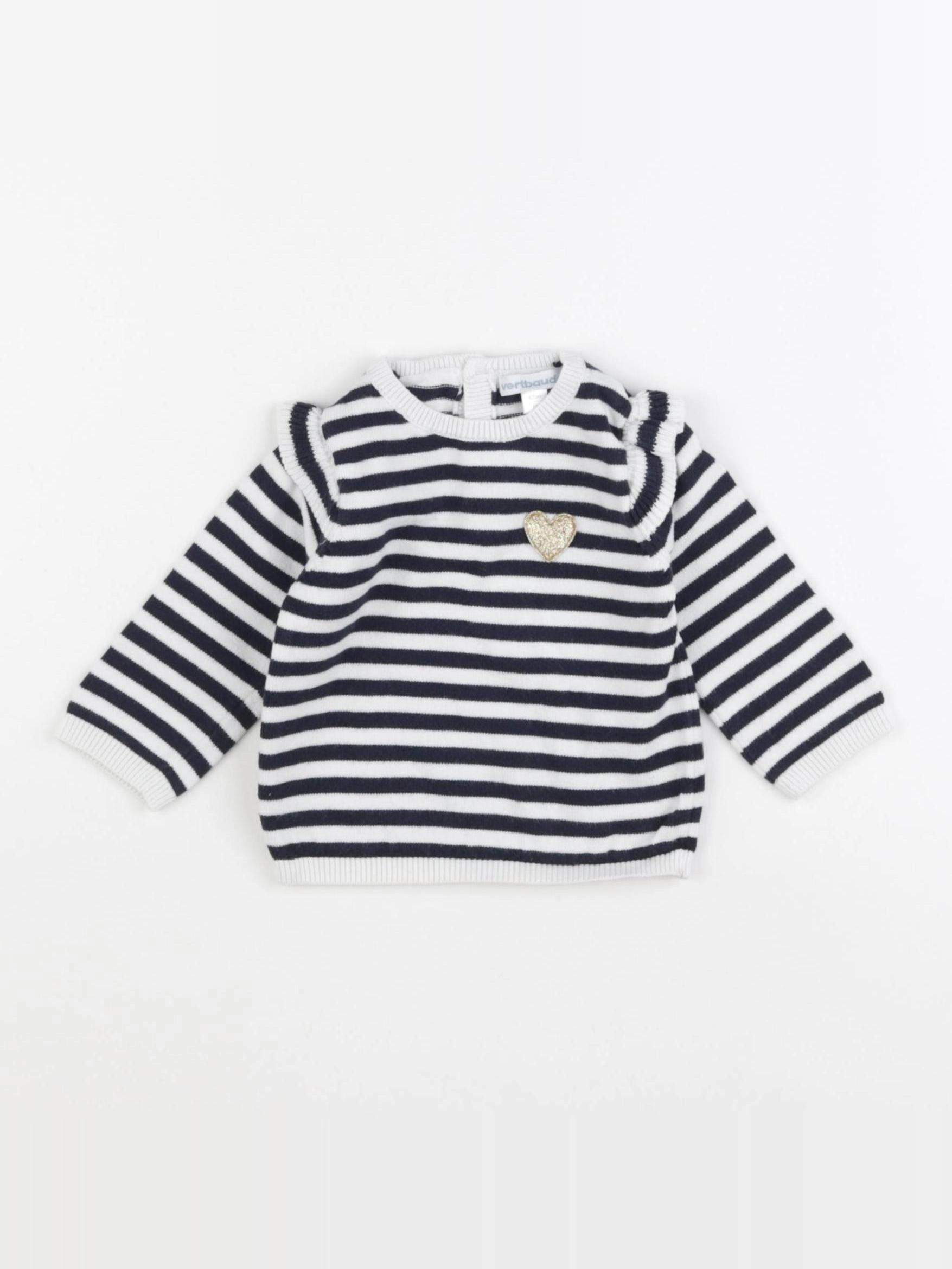 Vertbaudet - pull blanc, bleu - 6 mois