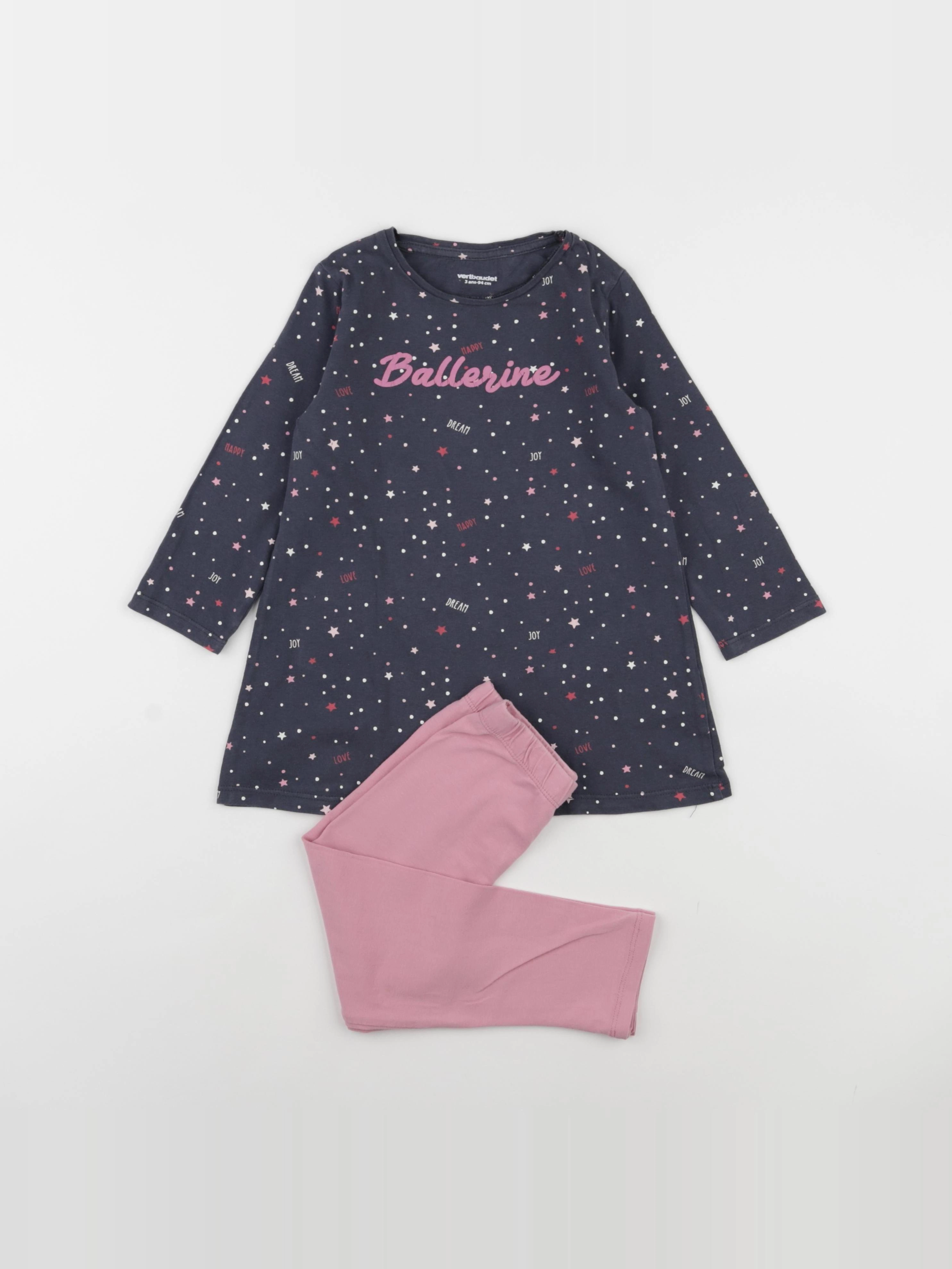 Vertbaudet - pyjama coton gris, rose - 3 ans