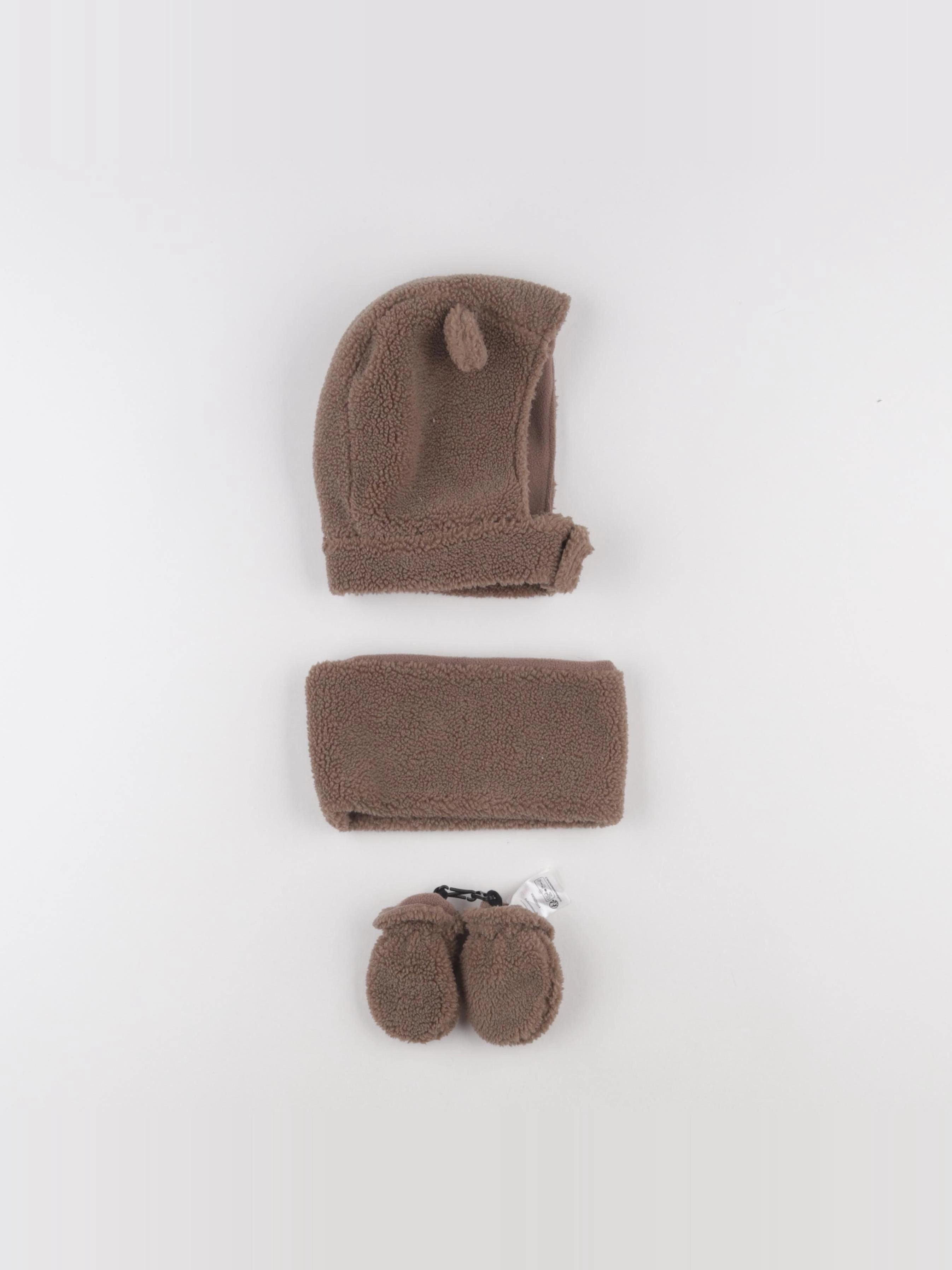 Vertbaudet - ensemble bonnet/moufles/tour de cou marron - 3/6 mois