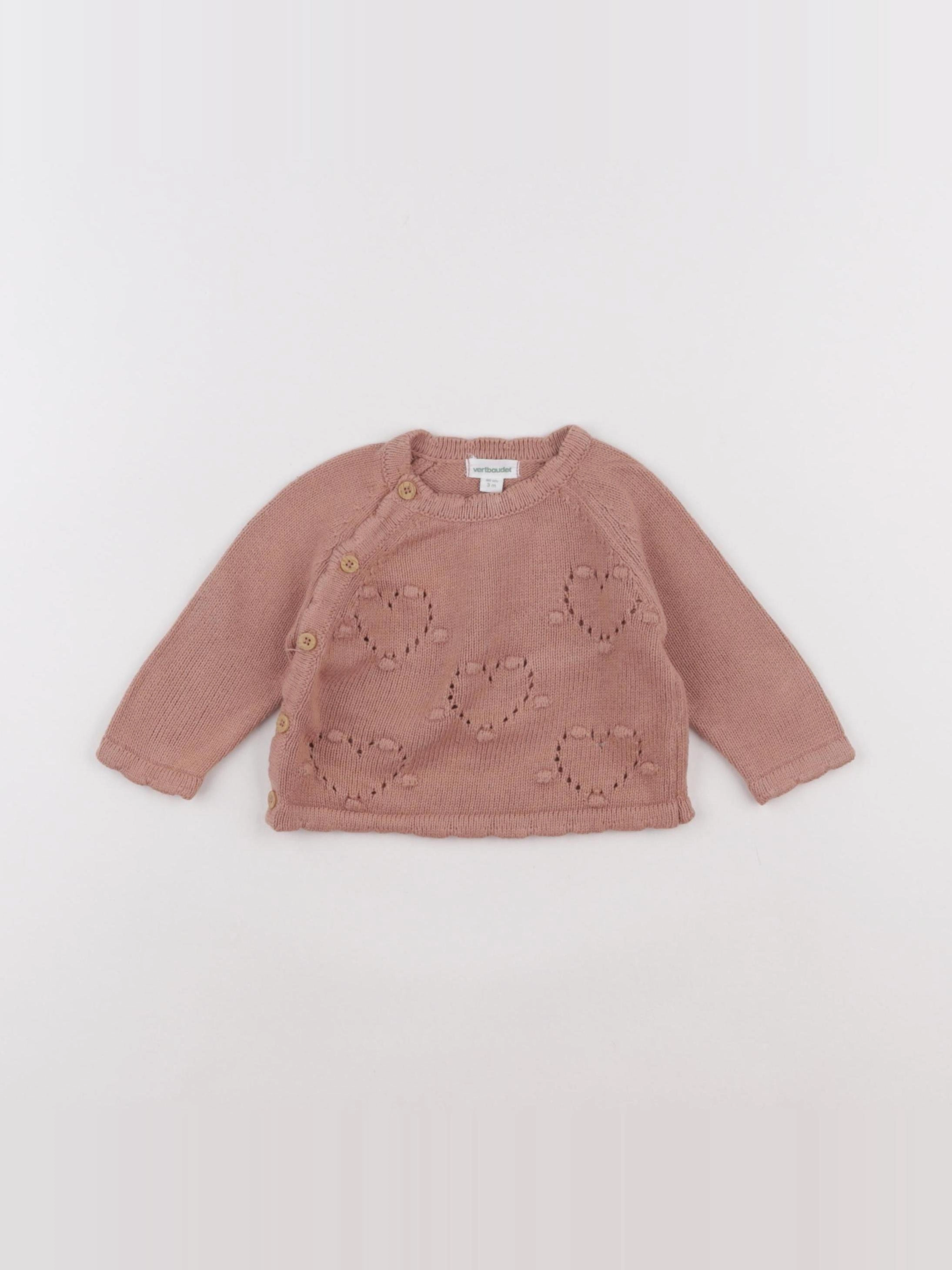 Vertbaudet - pull beige, rose - 3 mois