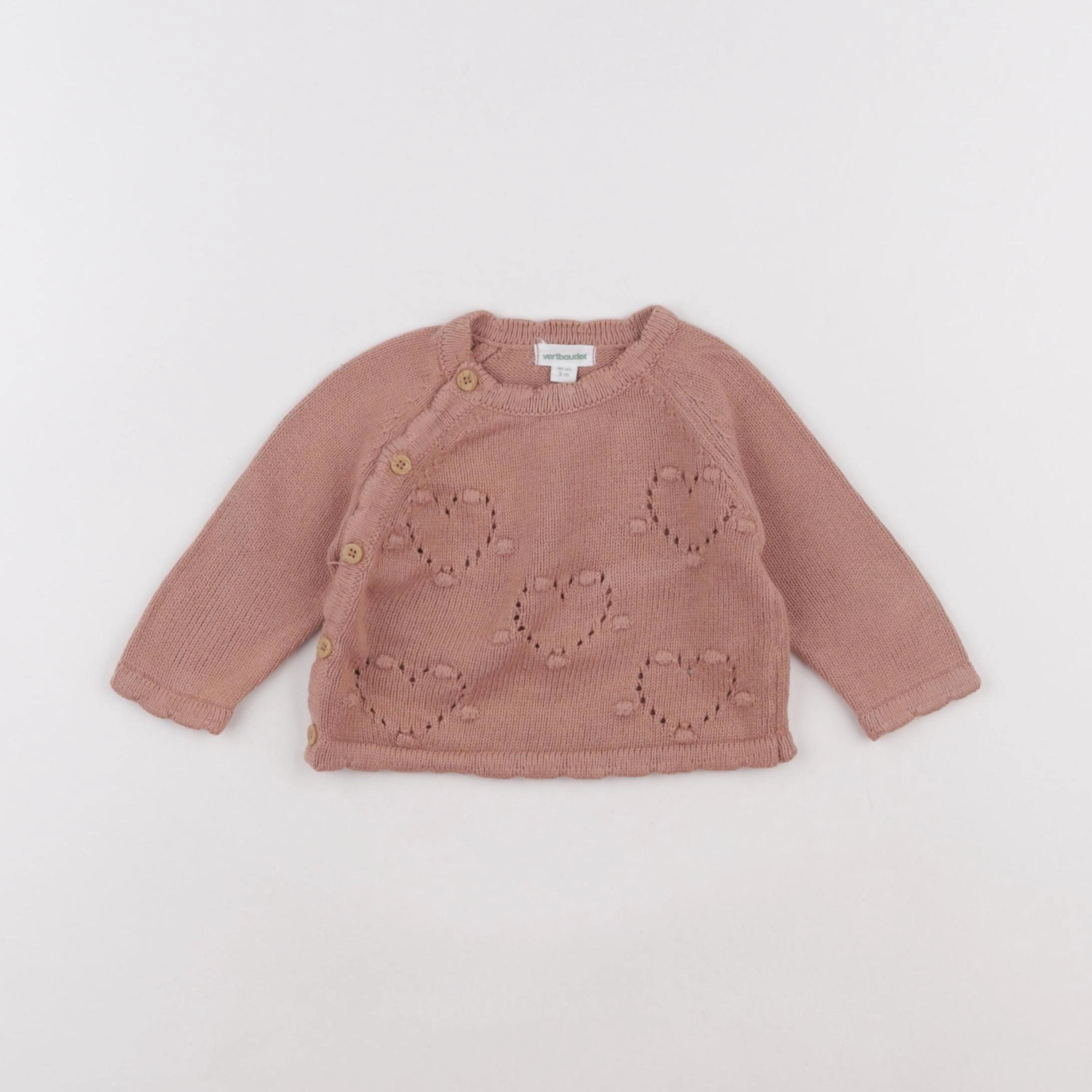 Vertbaudet - pull beige, rose - 3 mois