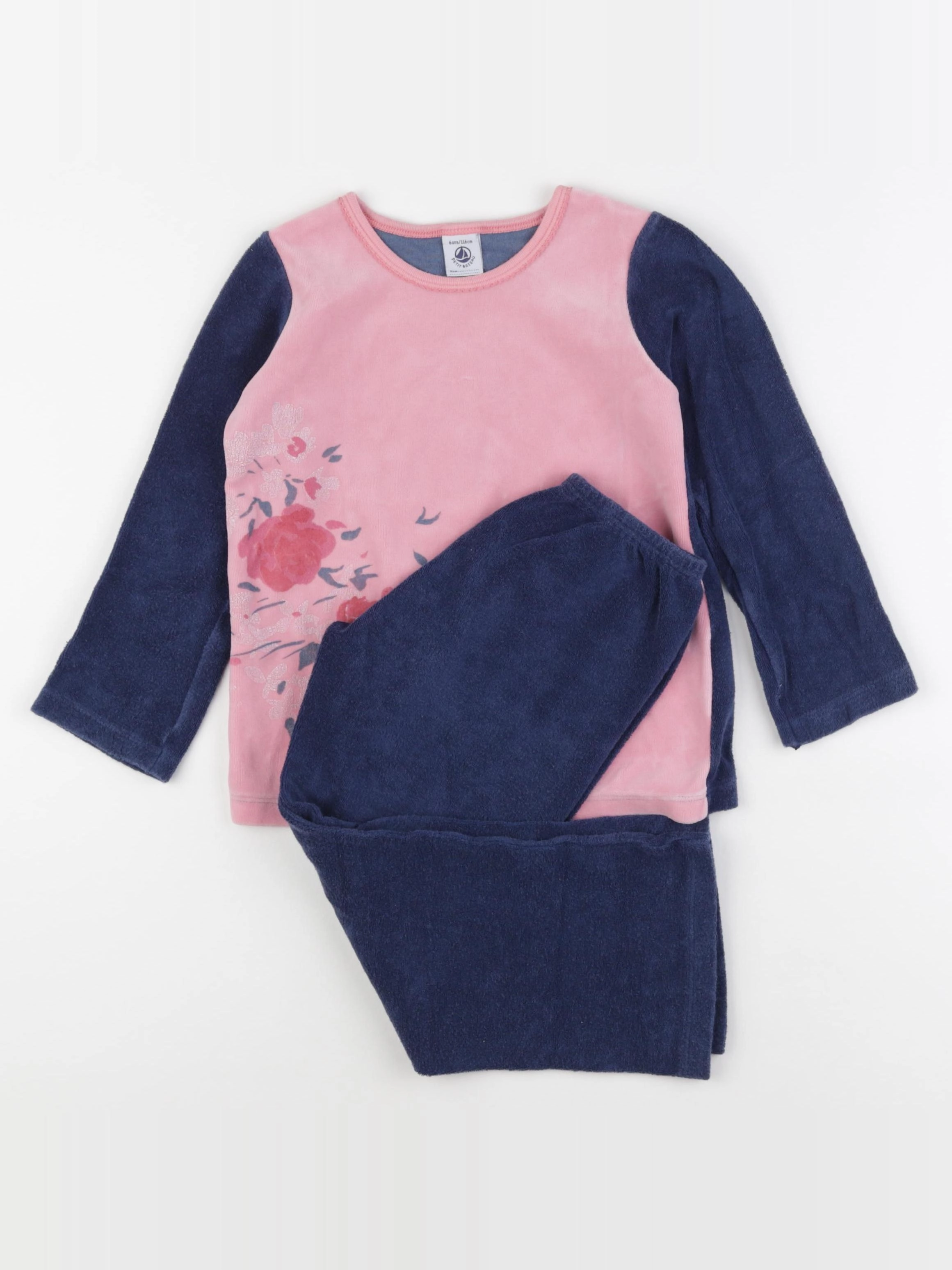 Petit Bateau - pyjama velours bleu, rose - 6 ans