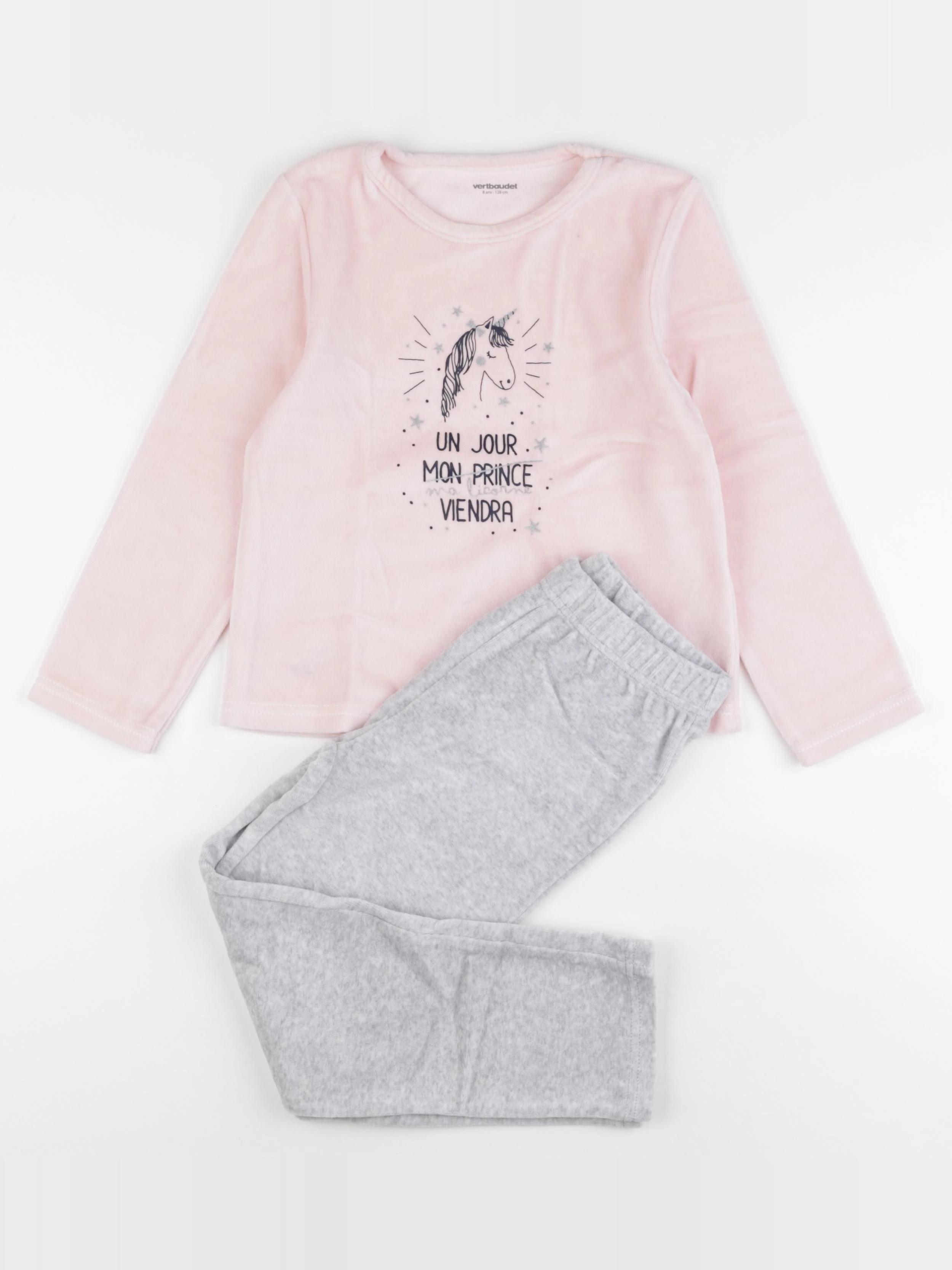 Vertbaudet - pyjama velours gris, rose - 8 ans